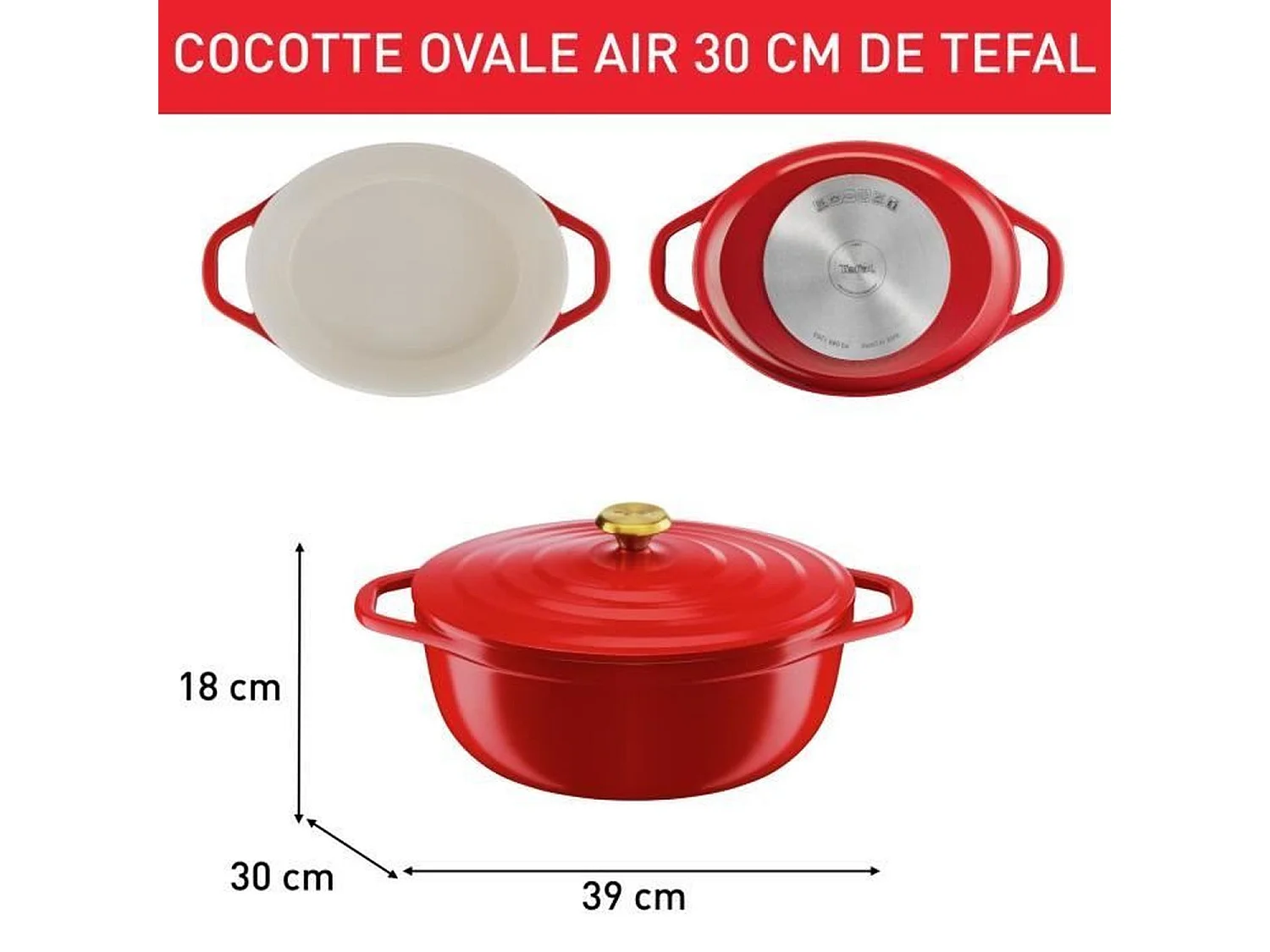 TEFAL E2548904 Air cocotte légere ovale 30x23 cm, fonte d'aluminium rouge, tous feux dont induction