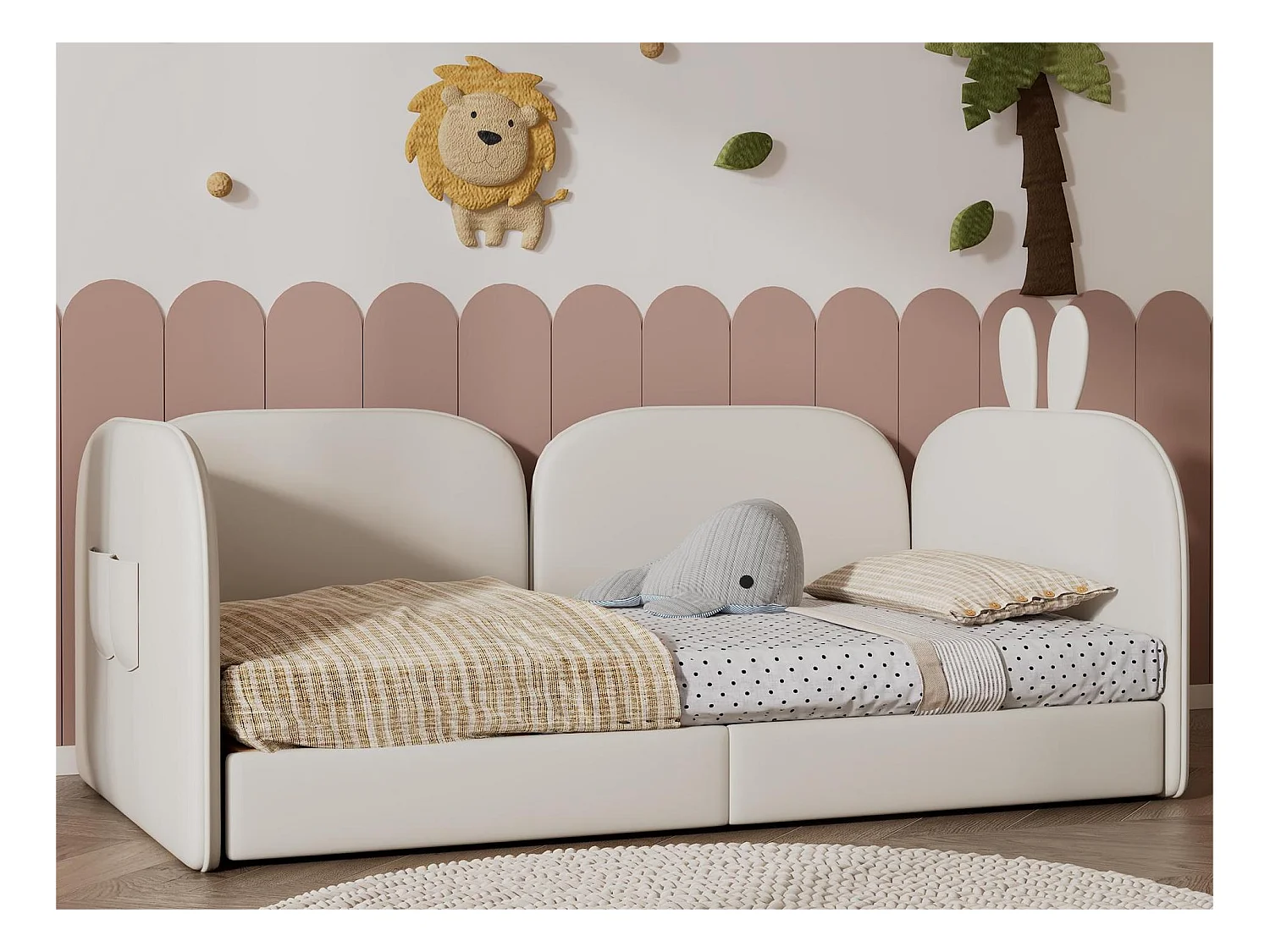 Lit enfant rembourré en velours - 2 lits simples 90x200cm - tête de lit en forme de lapin - avec sommier à lattes - Beige