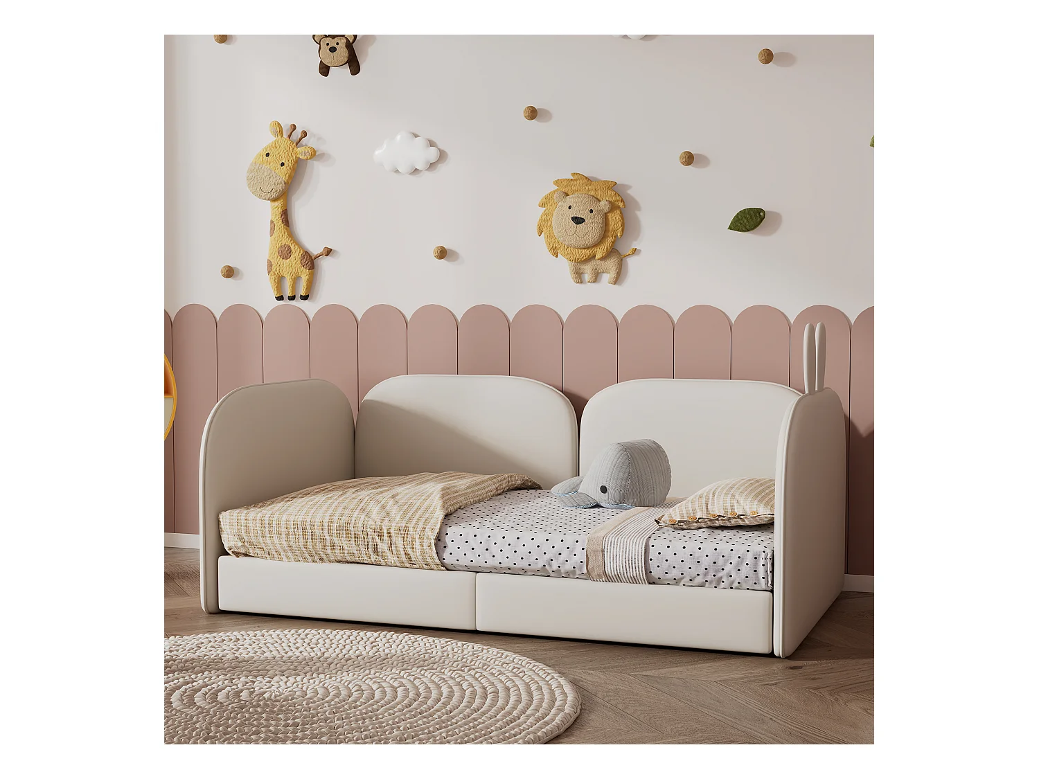 Lit enfant rembourré en velours - 2 lits simples 90x200cm - tête de lit en forme de lapin - avec sommier à lattes - Beige