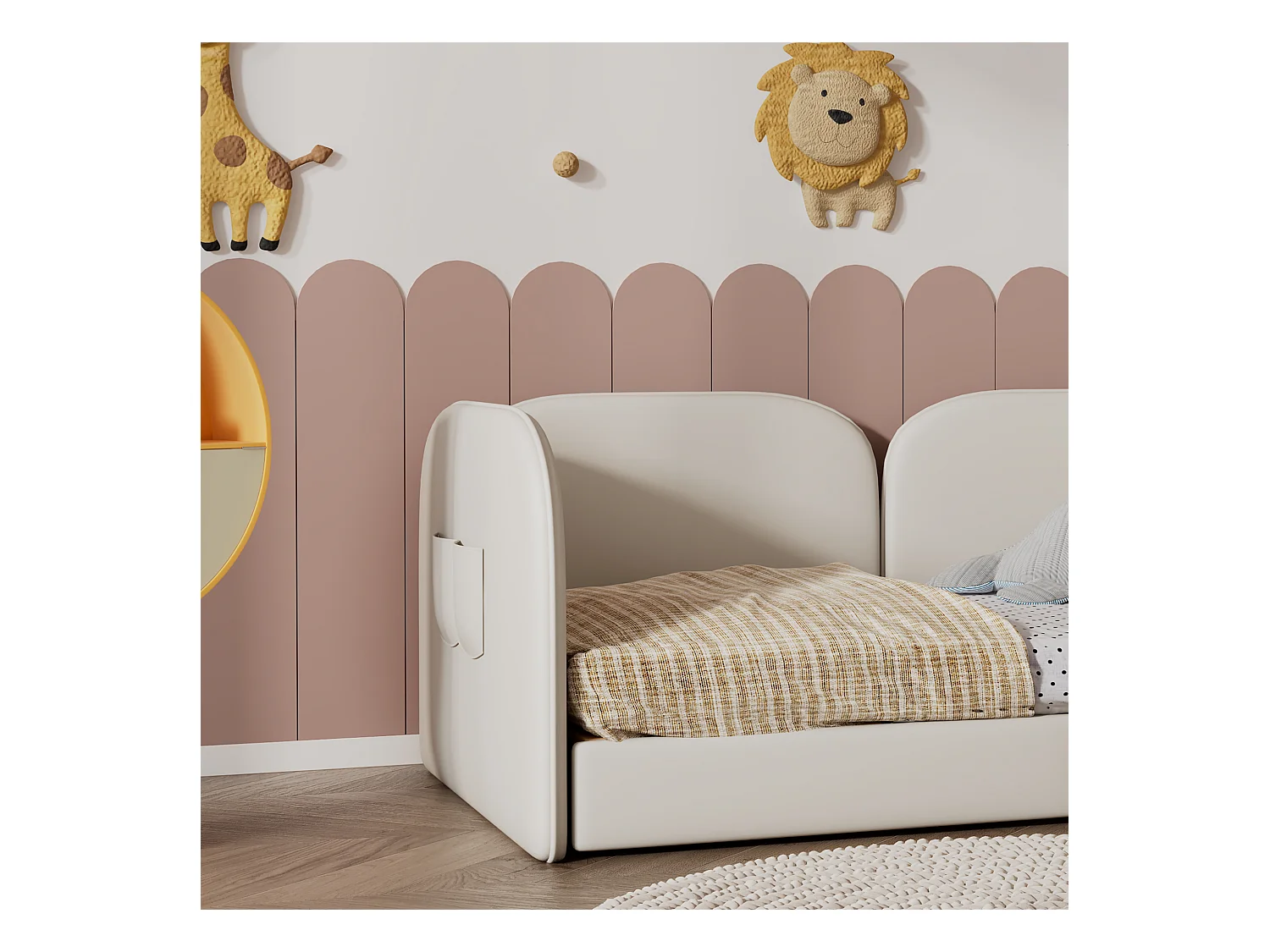 Lit enfant rembourré en velours - 2 lits simples 90x200cm - tête de lit en forme de lapin - avec sommier à lattes - Beige