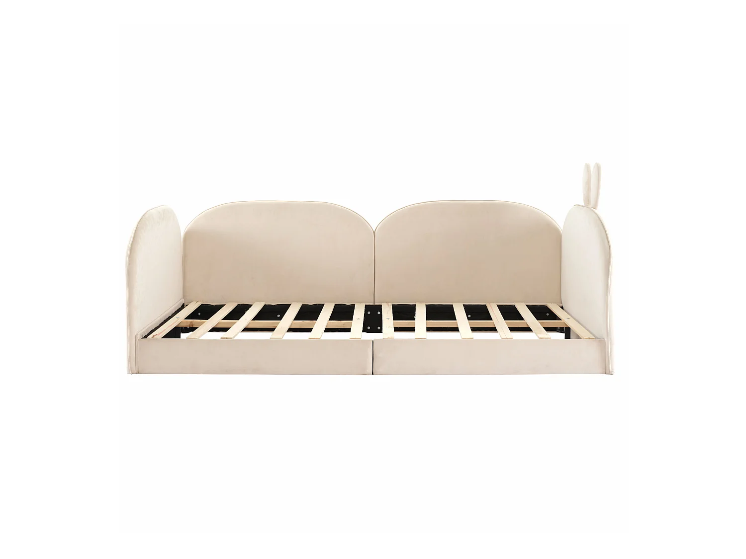 Lit enfant rembourré en velours - 2 lits simples 90x200cm - tête de lit en forme de lapin - avec sommier à lattes - Beige