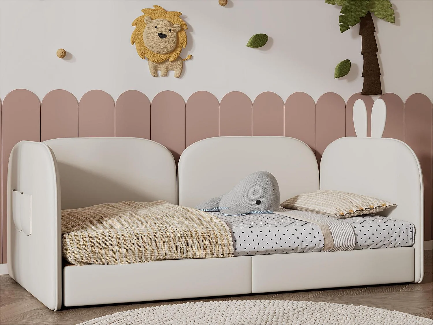 Kinderbed bekleed met fluweel - slaapbank 90x200cm - hoofdeinde konijnvormig - met lattenbodem - Beige