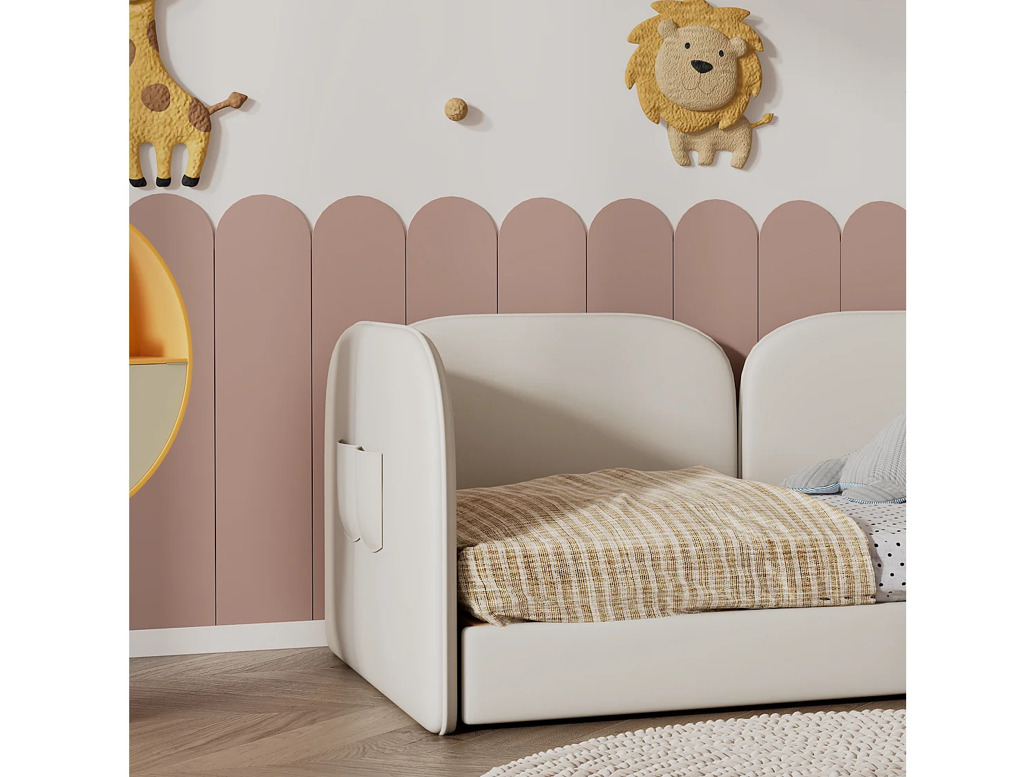 Kinderbed bekleed met fluweel - slaapbank 90x200cm - hoofdeinde konijnvormig - met lattenbodem - Beige