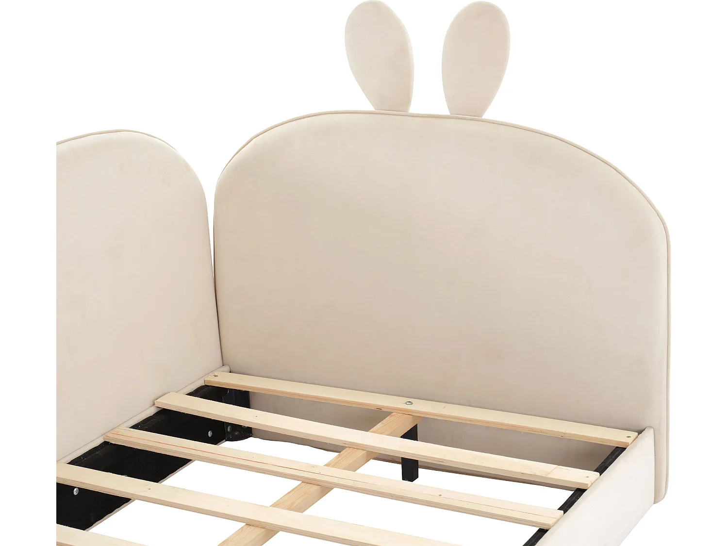 Kinderbed bekleed met fluweel - slaapbank 90x200cm - hoofdeinde konijnvormig - met lattenbodem - Beige