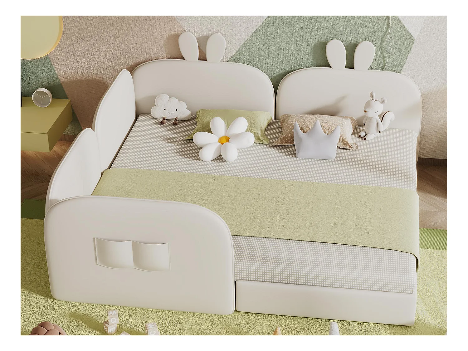 Lit enfant rembourré en velours - 2 lits simples 90x200cm - tête de lit en forme de lapin - avec sommier à lattes - Beige
