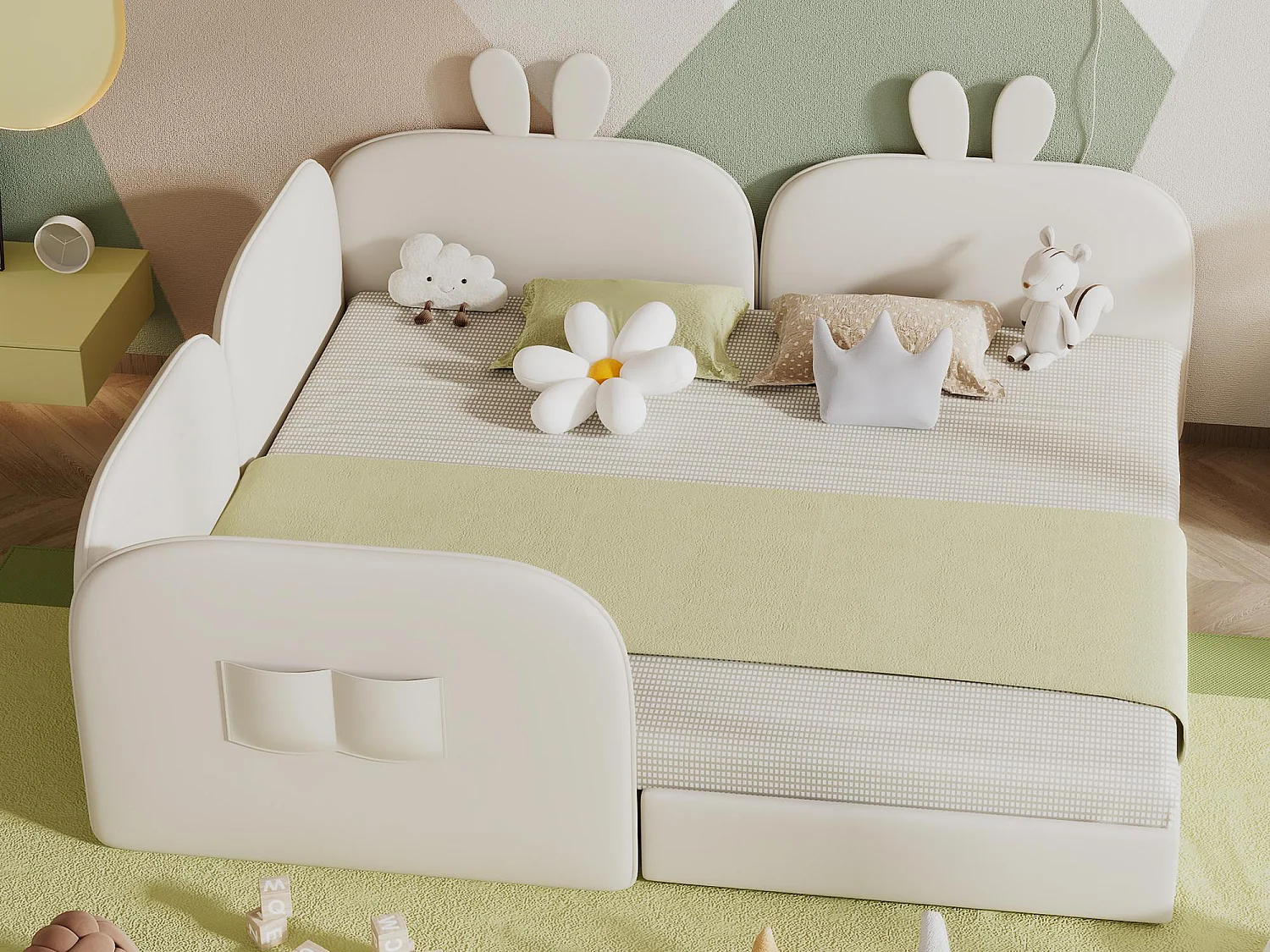 Lit enfant rembourré en velours - 2 lits simples 90x200cm - tête de lit en forme de lapin - avec sommier à lattes - Beige