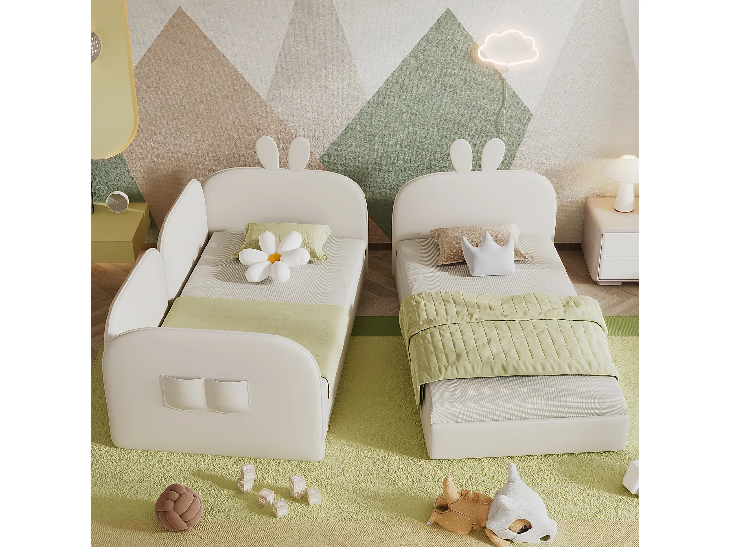 Lit enfant rembourré en velours - 2 lits simples 90x200cm - tête de lit en forme de lapin - avec sommier à lattes - Beige
