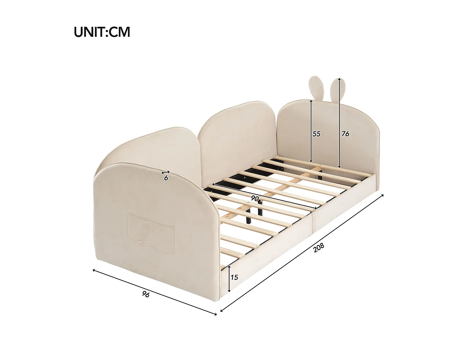 Lit enfant rembourré en velours - 2 lits simples 90x200cm - tête de lit en forme de lapin - avec sommier à lattes - Beige