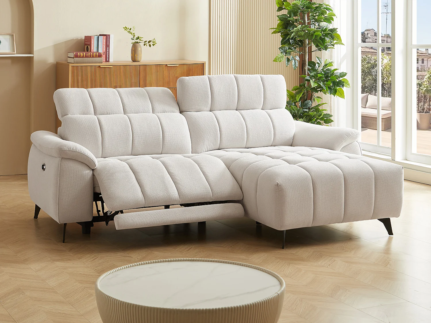 Eckrelaxsofa elektrisch - Ecke rechts - Strukturstoff - Beige - CELTIMO