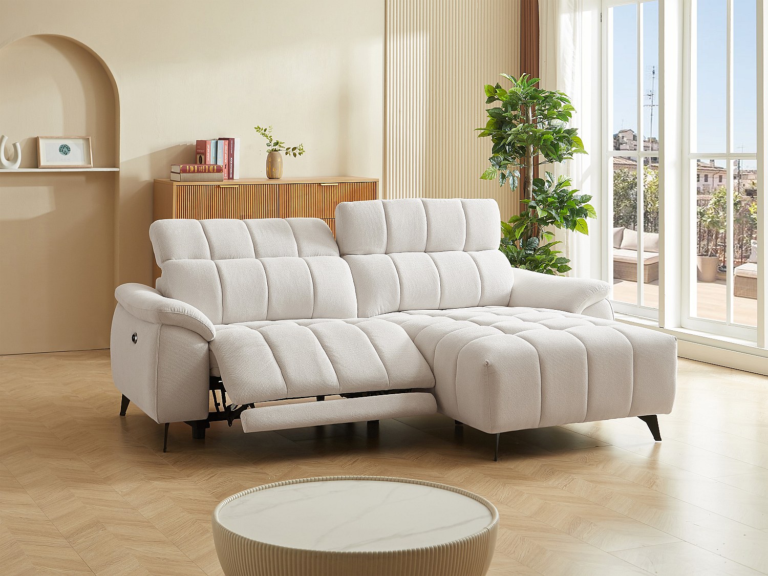 Eckrelaxsofa elektrisch - Ecke rechts - Strukturstoff - Beige - CELTIMO günstig online kaufen