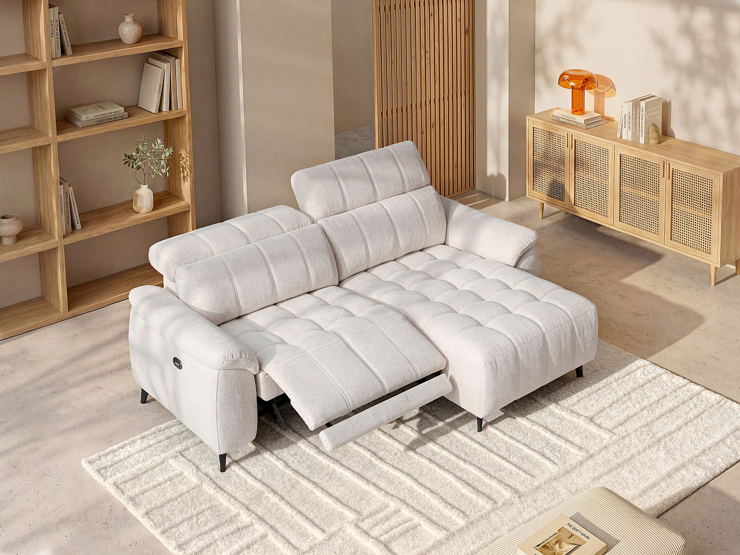 Vente-unique Eckrelaxsofa elektrisch - Ecke rechts - Strukturstoff - Beige - CELTIMO 8085888