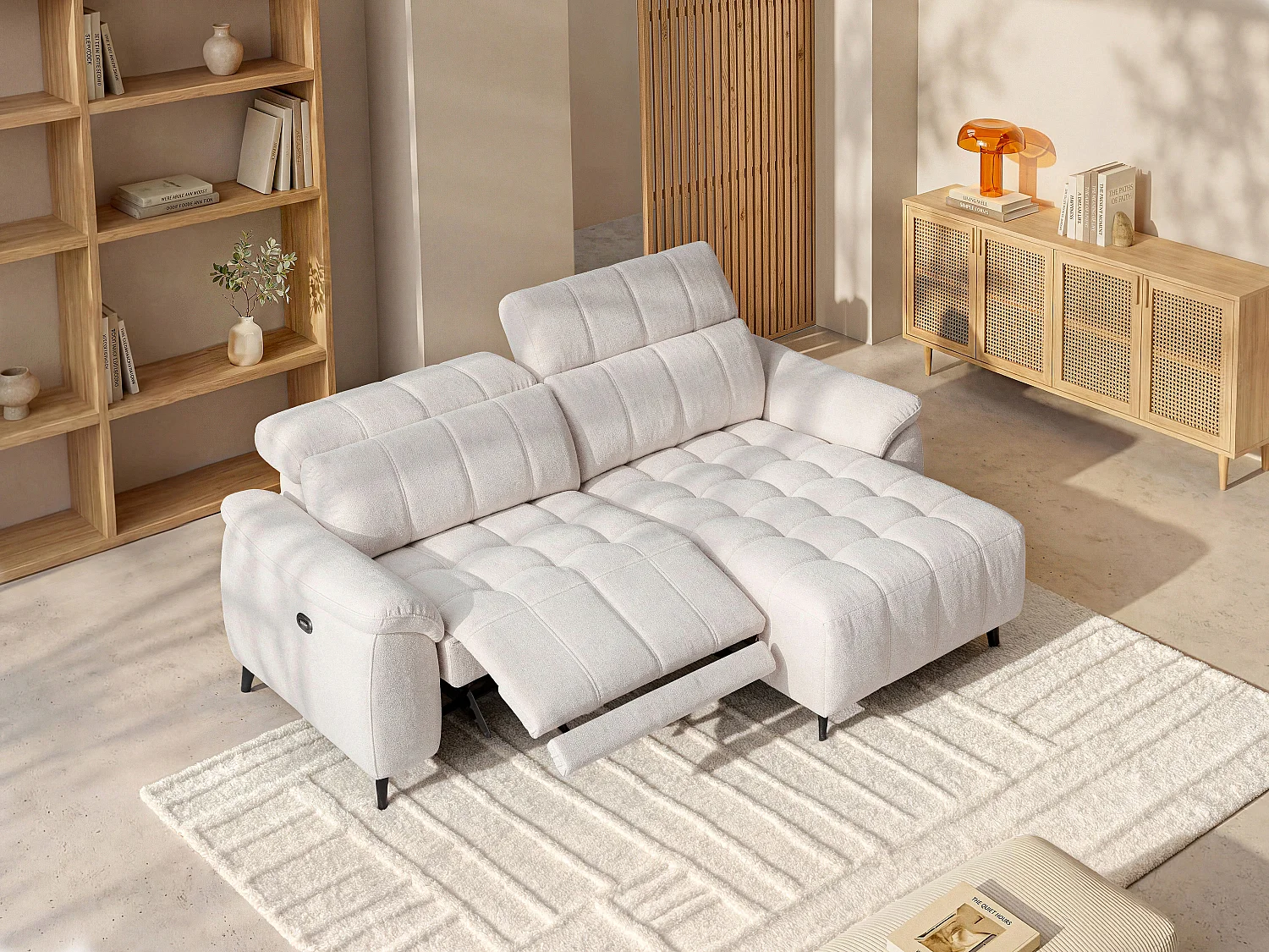 Canapé d'angle droit relax électrique en tissu texturé beige CELTIMO