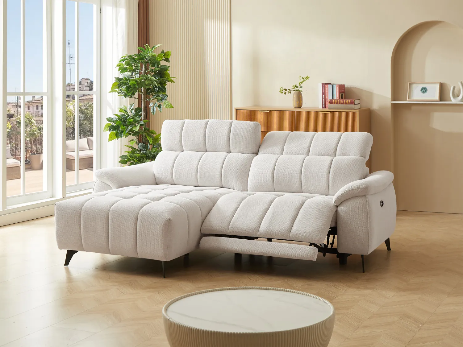 Canapé d'angle gauche relax électrique en tissu texturé beige CELTIMO