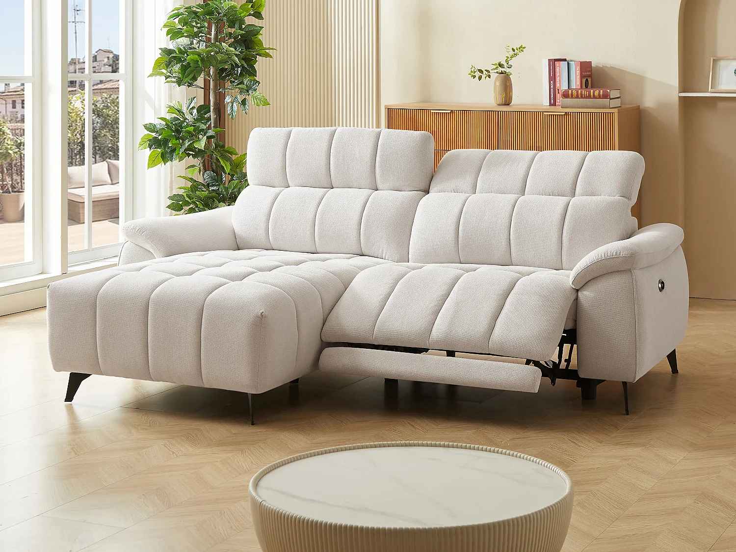 Eckrelaxsofa elektrisch - Ecke links - Strukturstoff - Beige - CELTIMO
