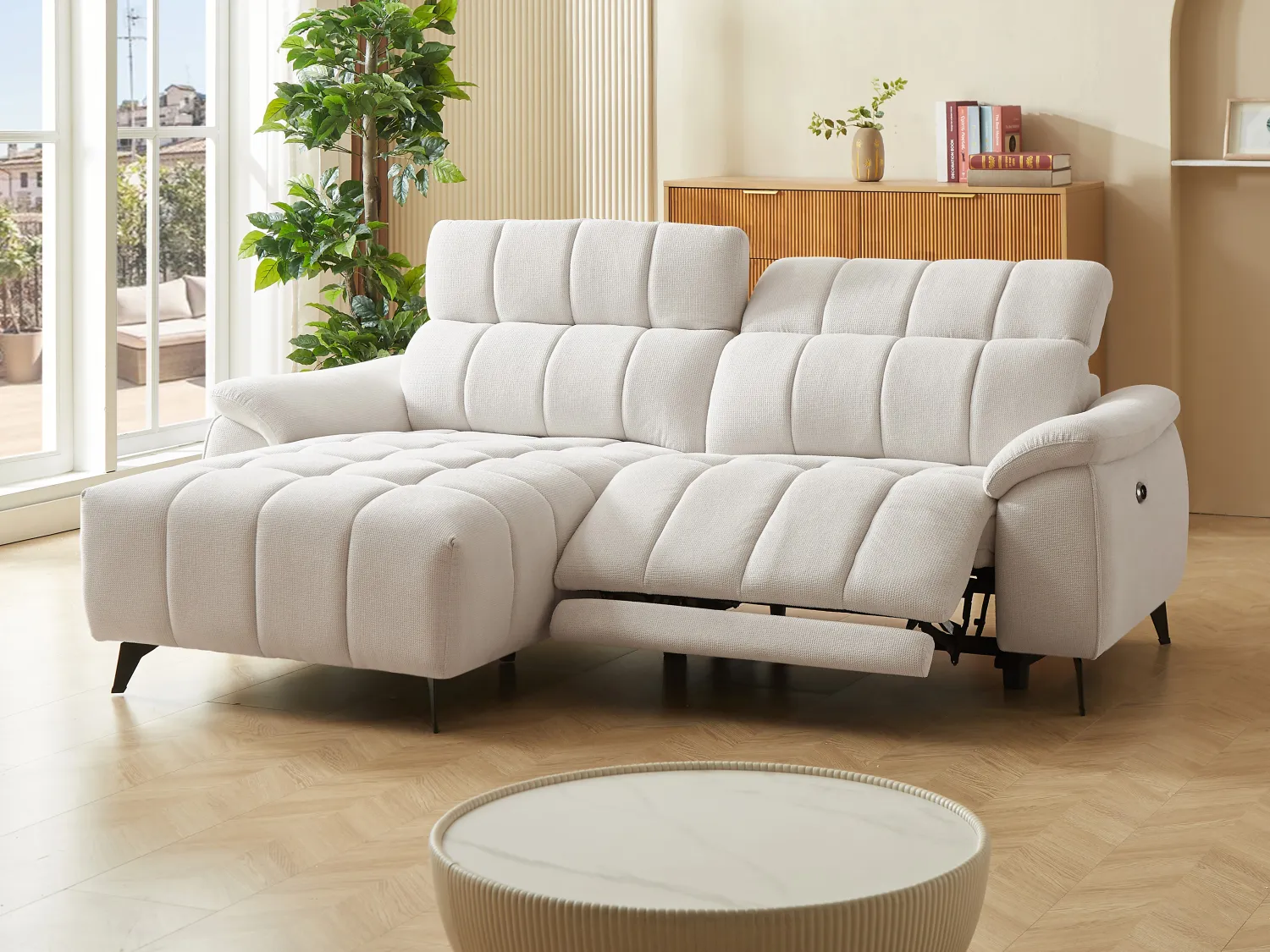 Eckrelaxsofa elektrisch - Ecke links - Strukturstoff - Beige - CELTIMO
