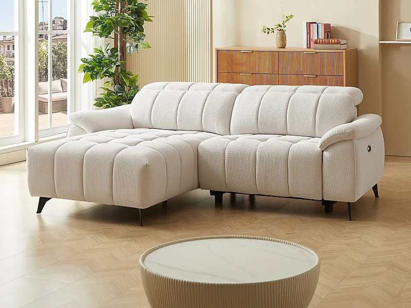 Canapé d'angle gauche relax électrique en tissu texturé beige CELTIMO