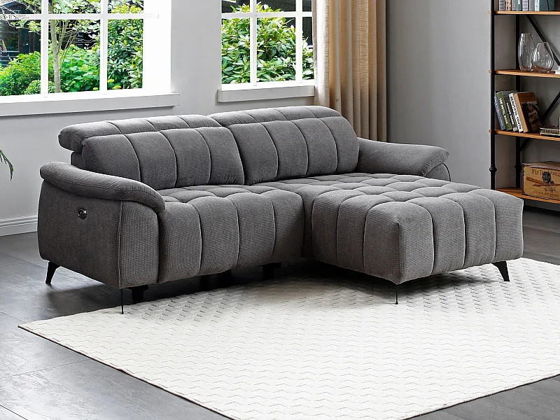 Canapé d'angle droit relax électrique en tissu texturé gris CELTIMO