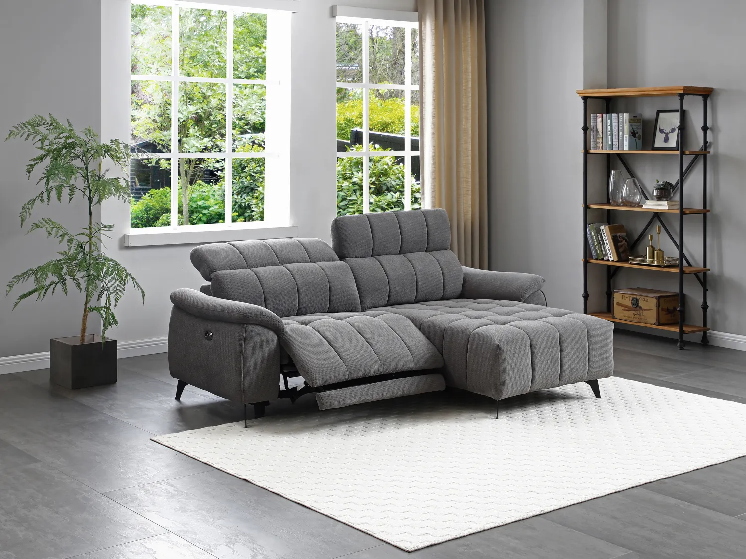 Canapé d'angle droit relax électrique en tissu texturé gris CELTIMO