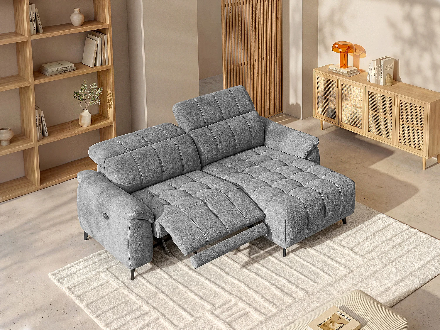 Sofá de canto direito articulado elétrico tecido texturizado cinza - CELTIMO