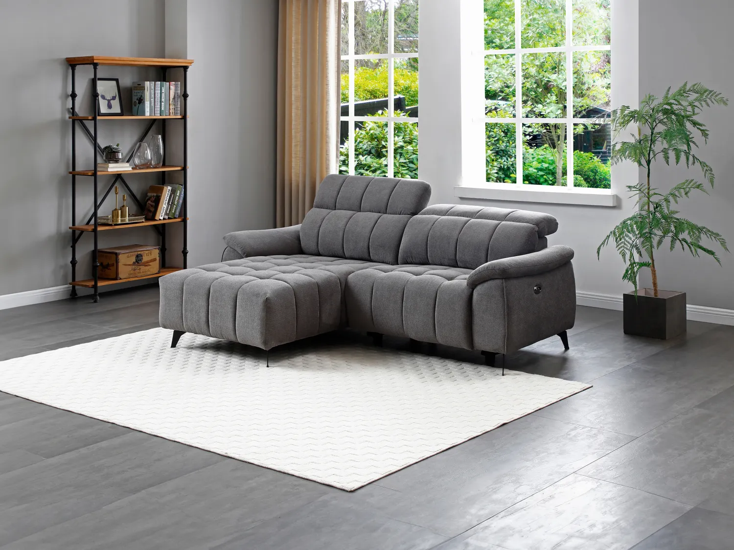 Canapé d'angle gauche relax électrique en tissu texturé gris CELTIMO