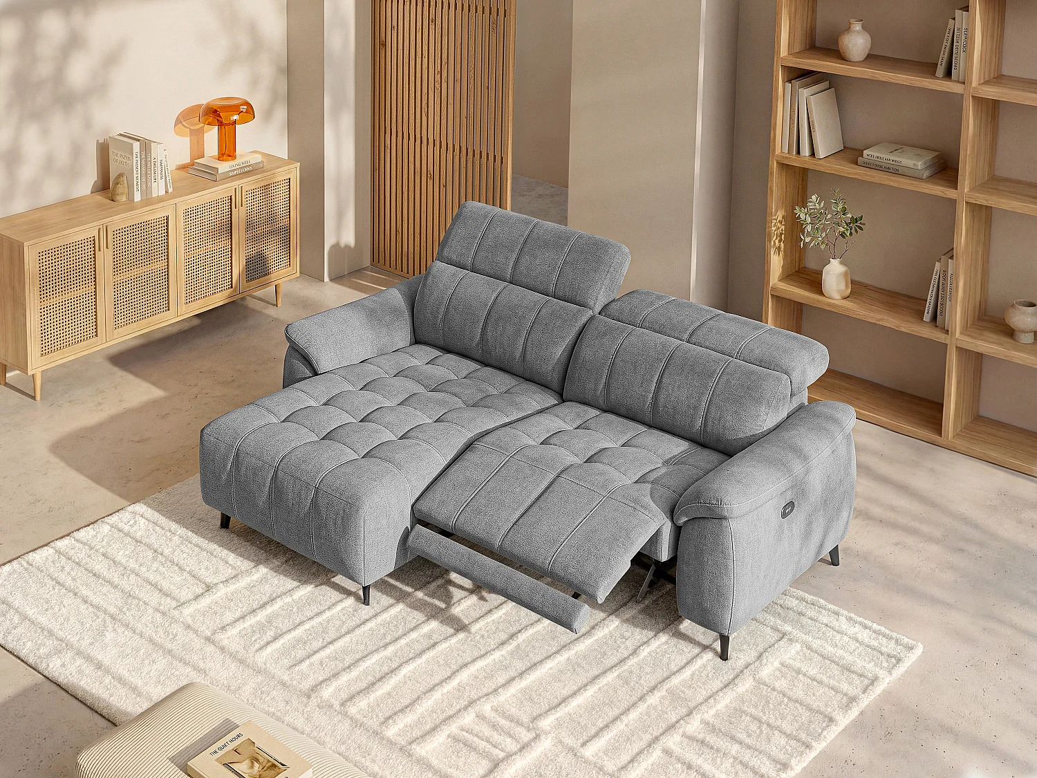 Canapé d'angle gauche relax électrique en tissu texturé gris CELTIMO