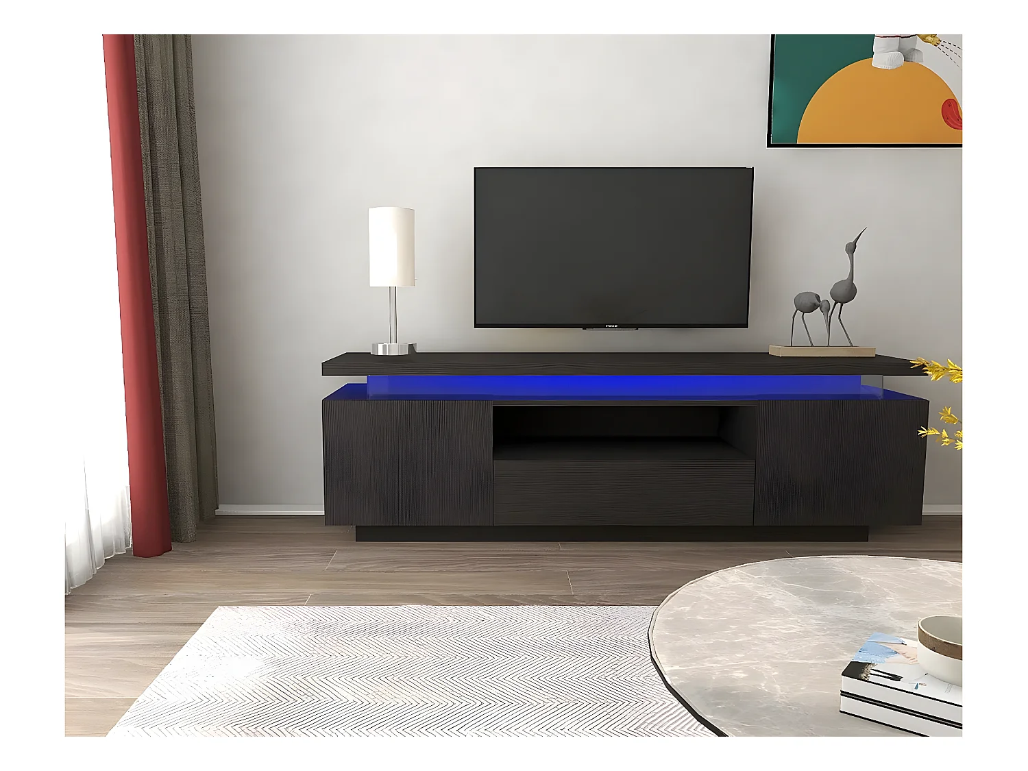 Meuble TV LED laqué "Ruth" - 165 x 40 x 49 cm - Noir
