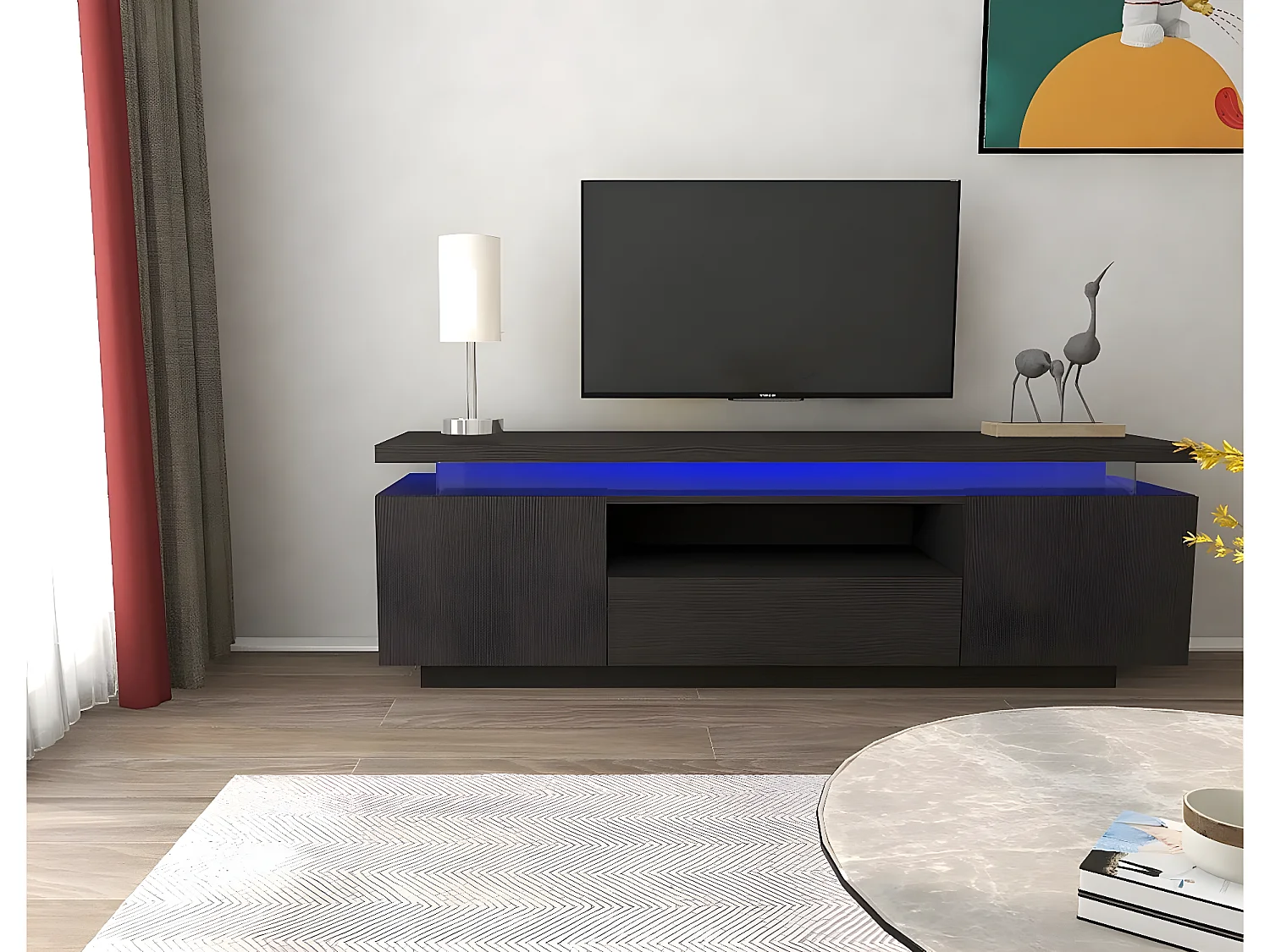 Móvel de TV LED lacado "Ruth" com arrumação e iluminação - Preto