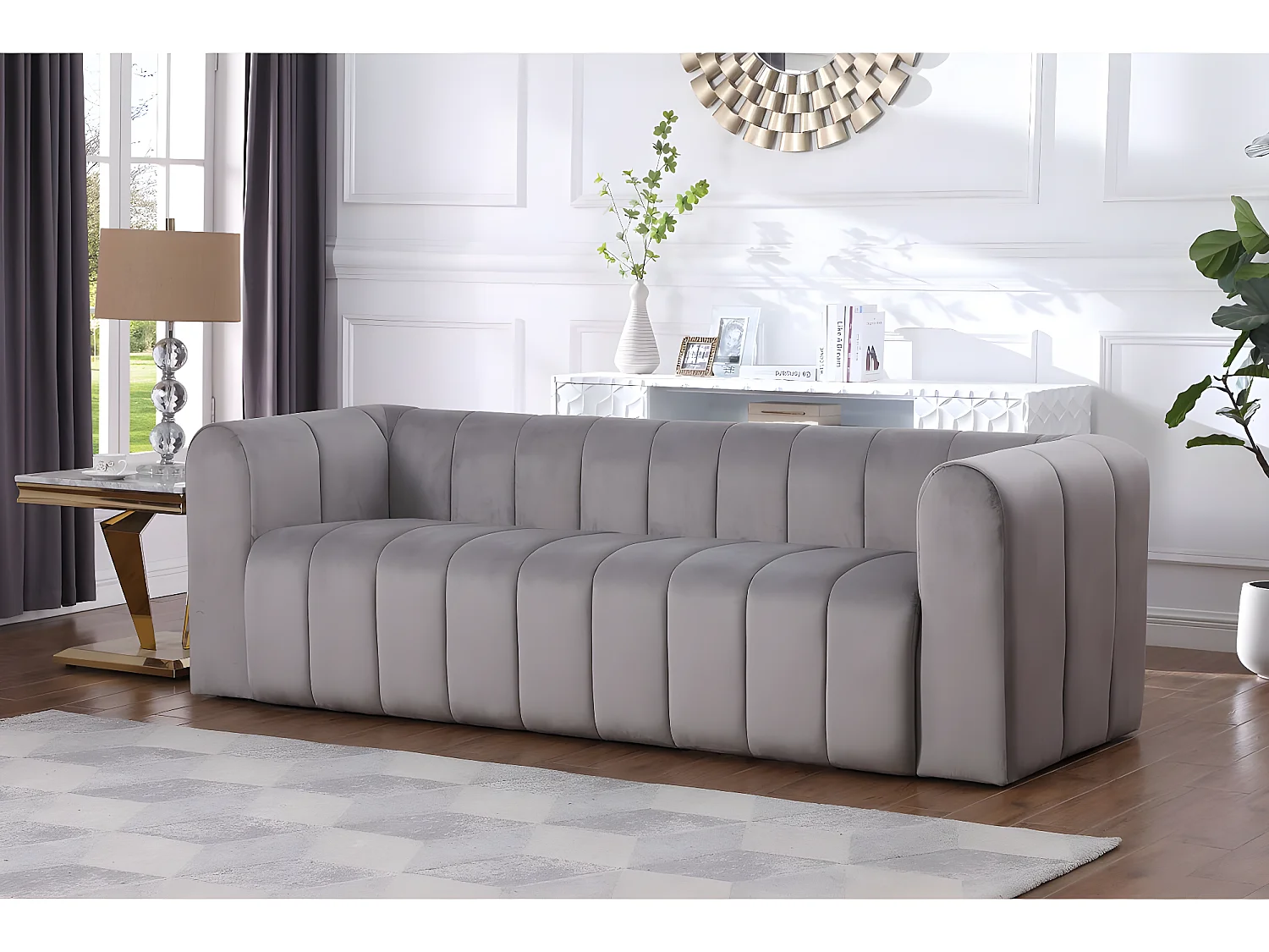 Canapé fixe 3 places en velours "Victor Hugo" - 240 x 90 x 76 cm - Gris