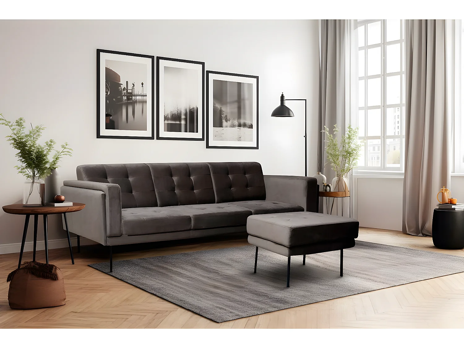 Sofá de canto reversível em veludo "Noé" - 3 lugares - Elegante e confortável cor cinza