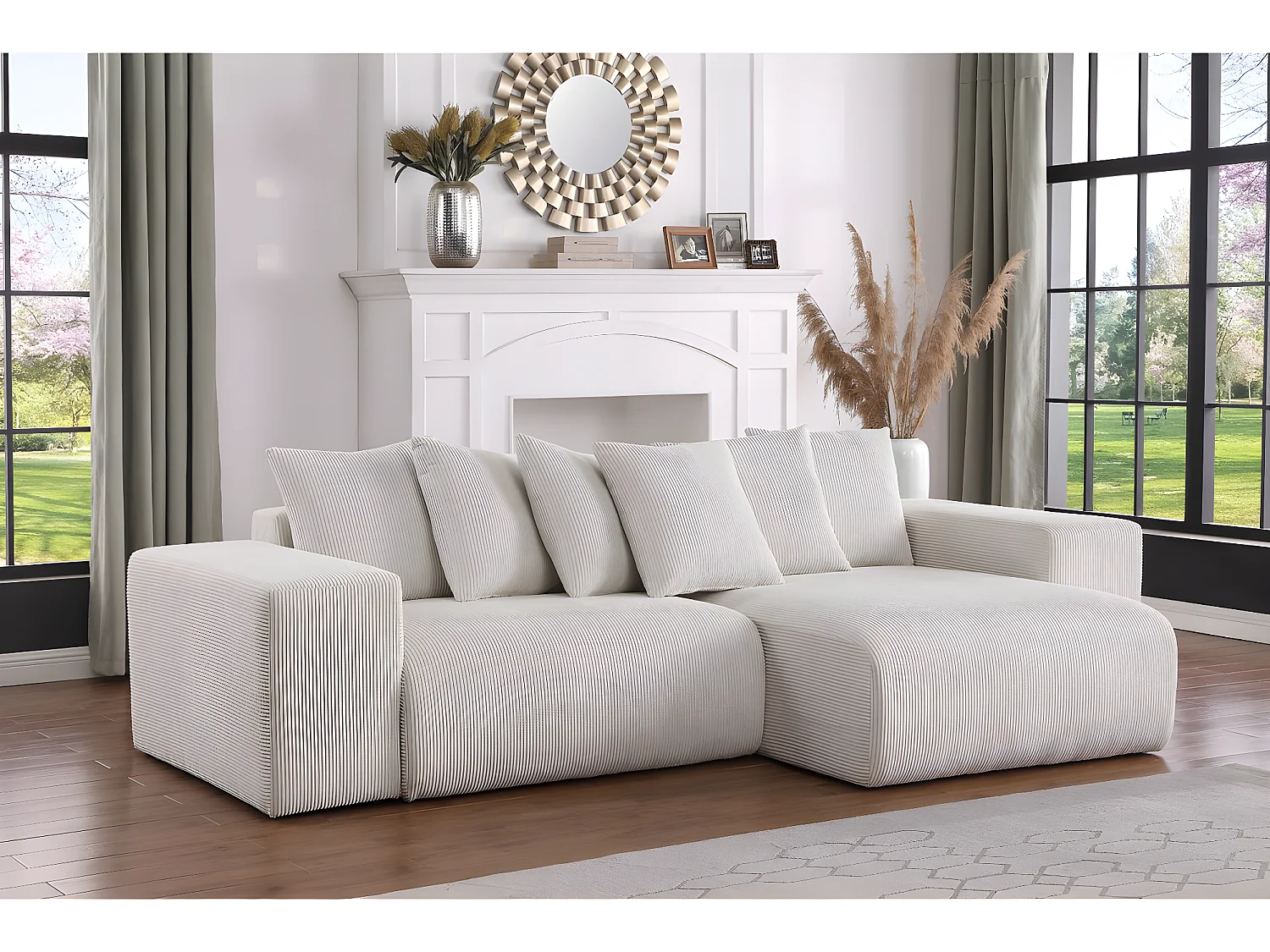 Canapé d'angle en velours côtelé "Rivoli" - 312 x 176 x 49 cm - Beige