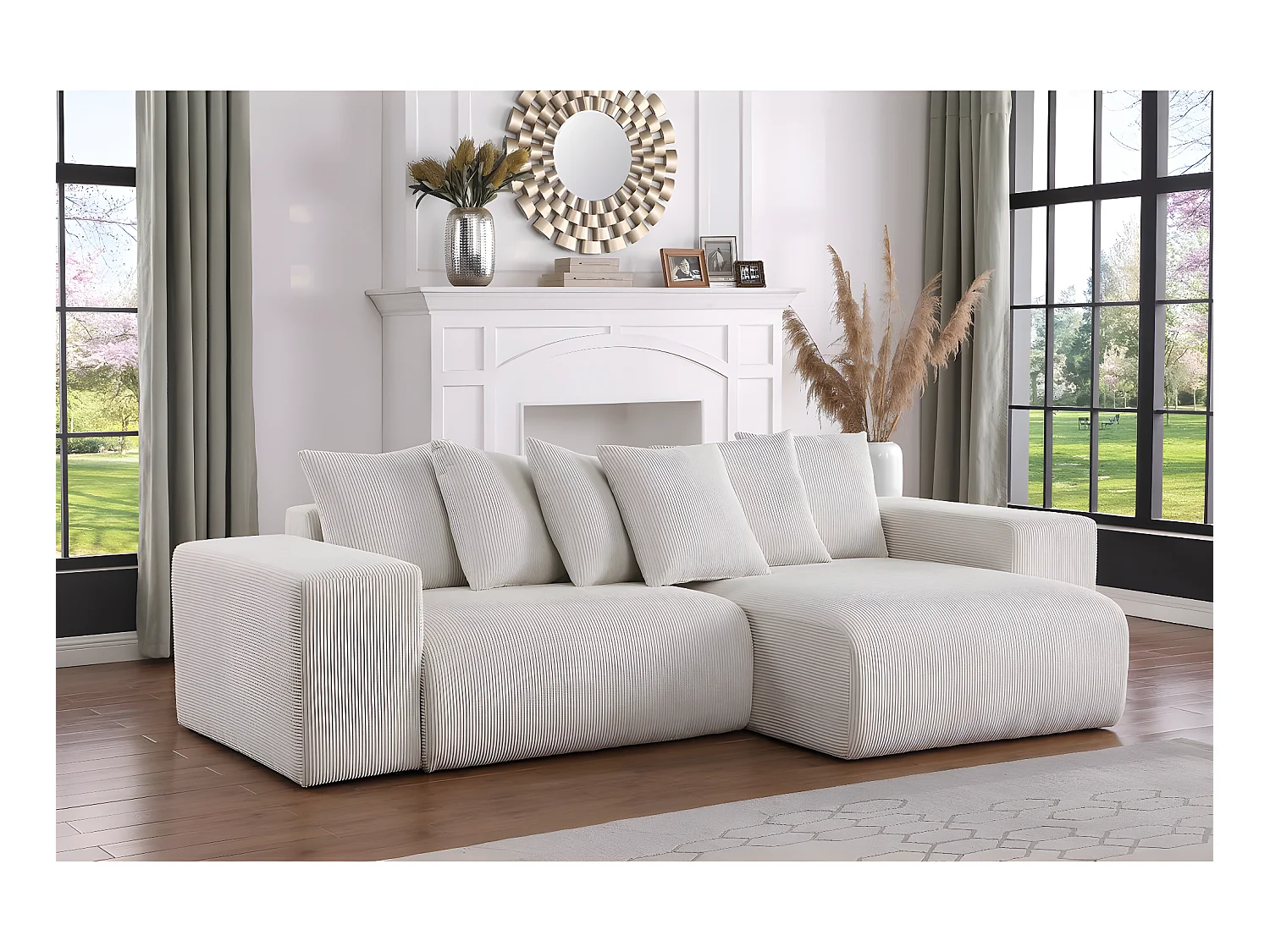 Canapé d'angle en velours côtelé "Rivoli" - 312 x 176 x 49 cm - Beige