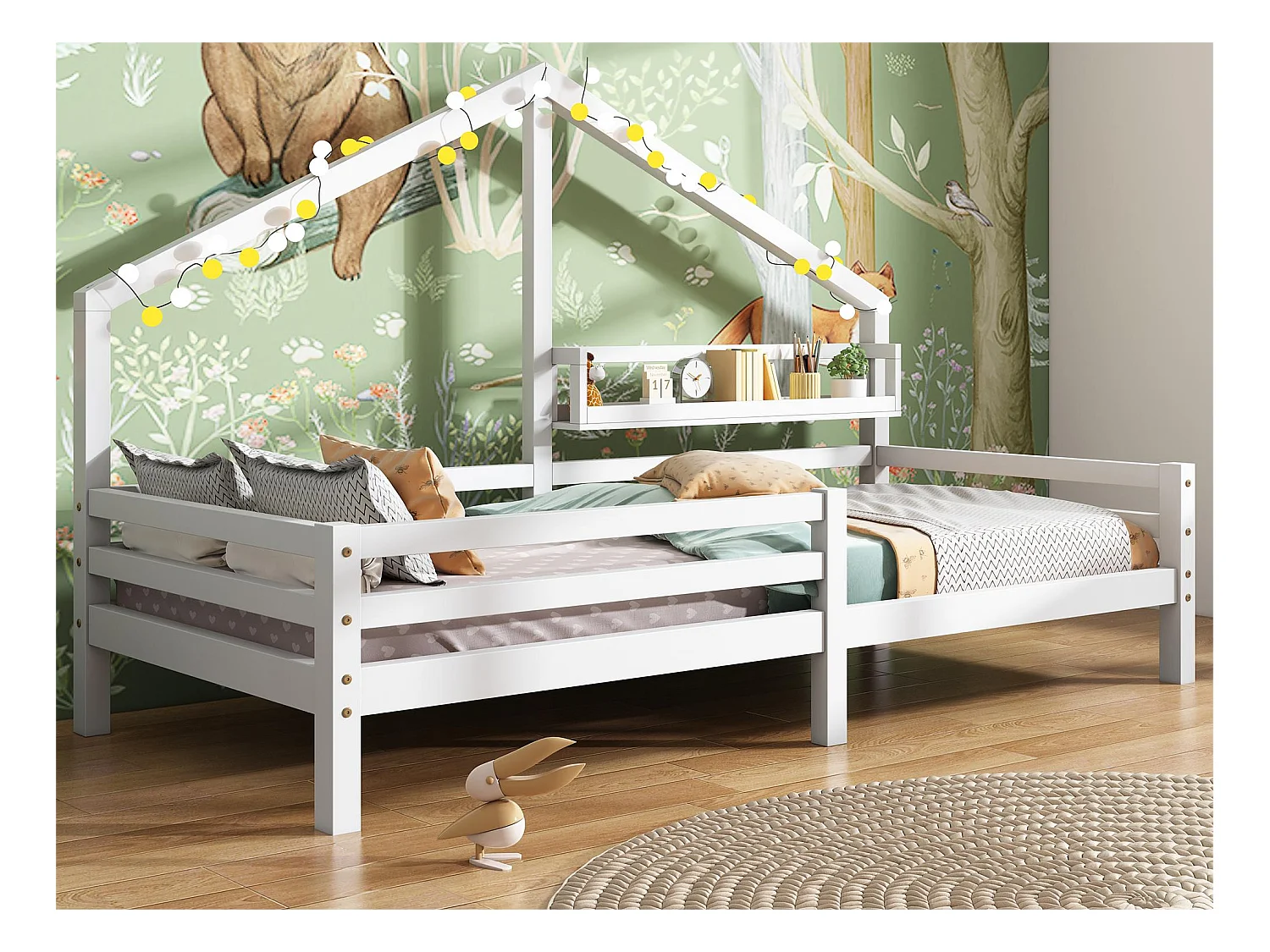 Lit cabane pour enfant - 90 x 200 cm - étagère de rangement - sommier à lattes - blanc