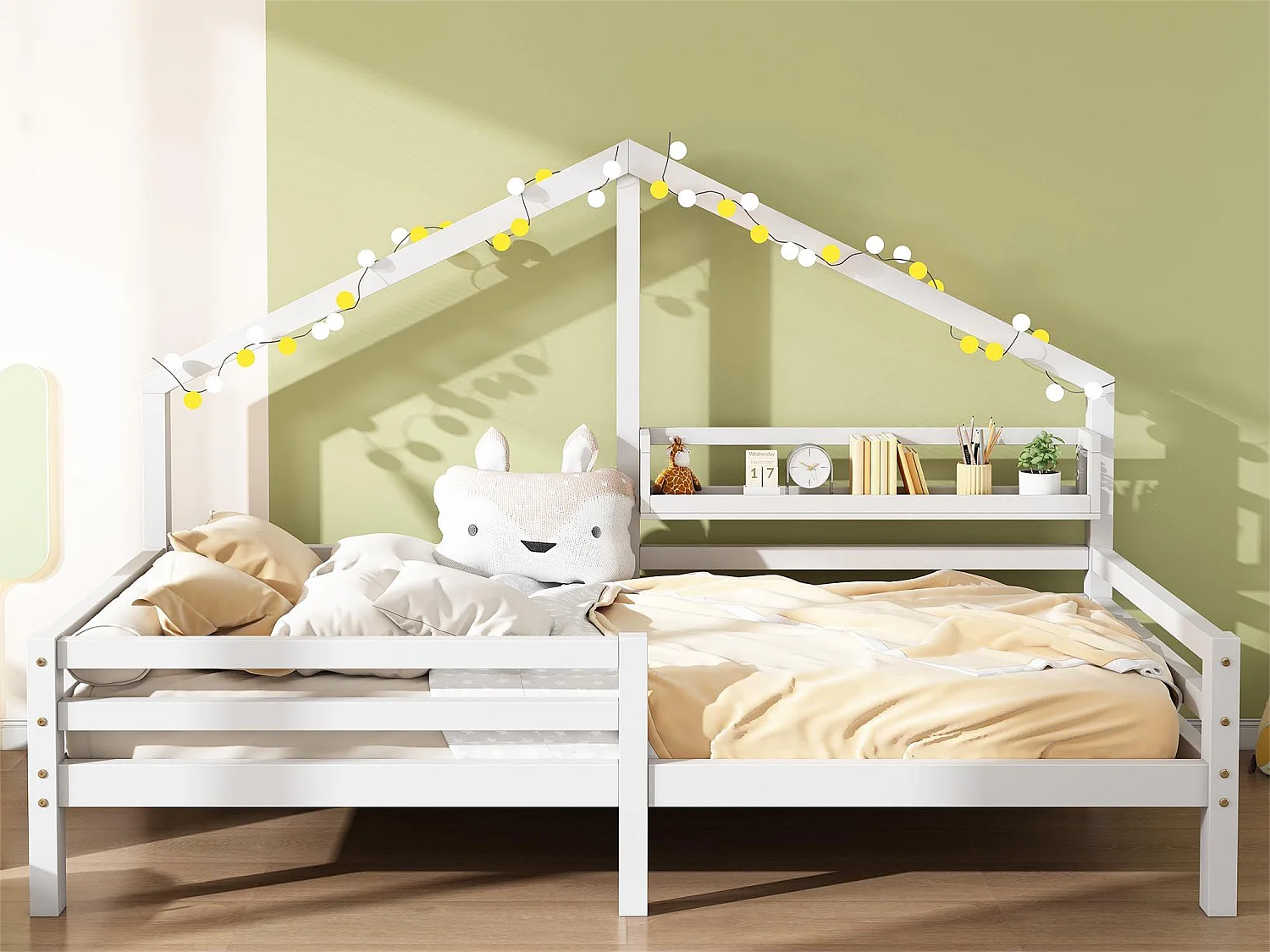 Lit cabane pour enfant - 90 x 200 cm - étagère de rangement - sommier à lattes - blanc