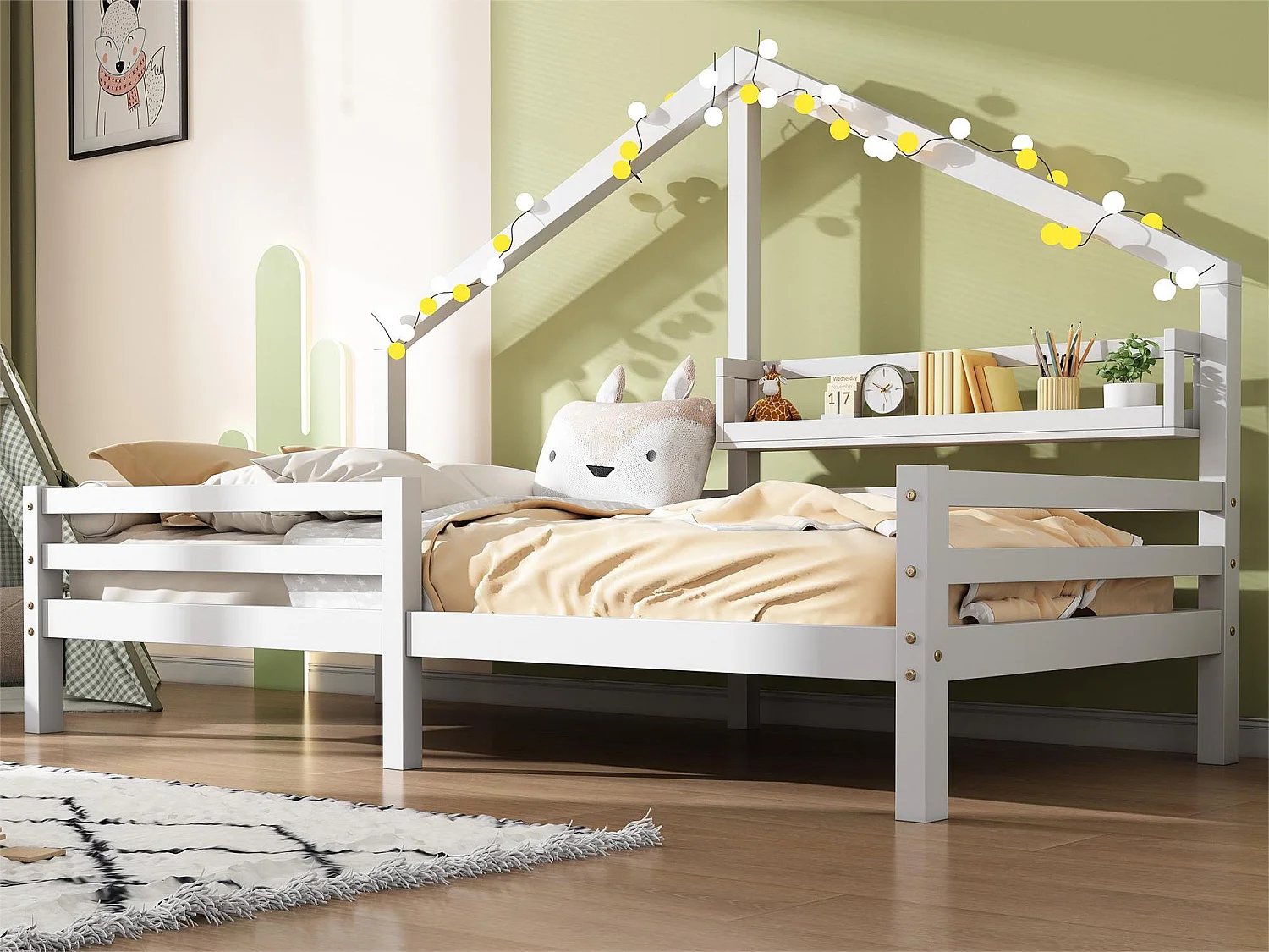 Lit cabane pour enfant - 90 x 200 cm - étagère de rangement - sommier à lattes - blanc