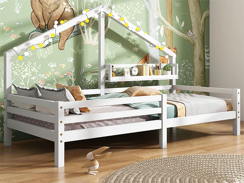 Lit cabane pour enfant - 90 x 200 cm - étagère de rangement - sommier à lattes - blanc