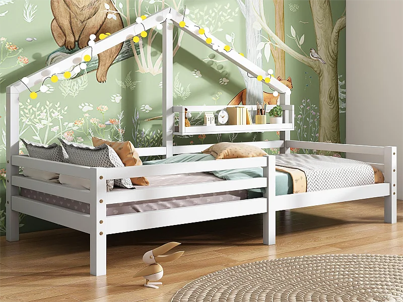 Lit cabane pour enfant - 90 x 200 cm - étagère de rangement - sommier à lattes - blanc