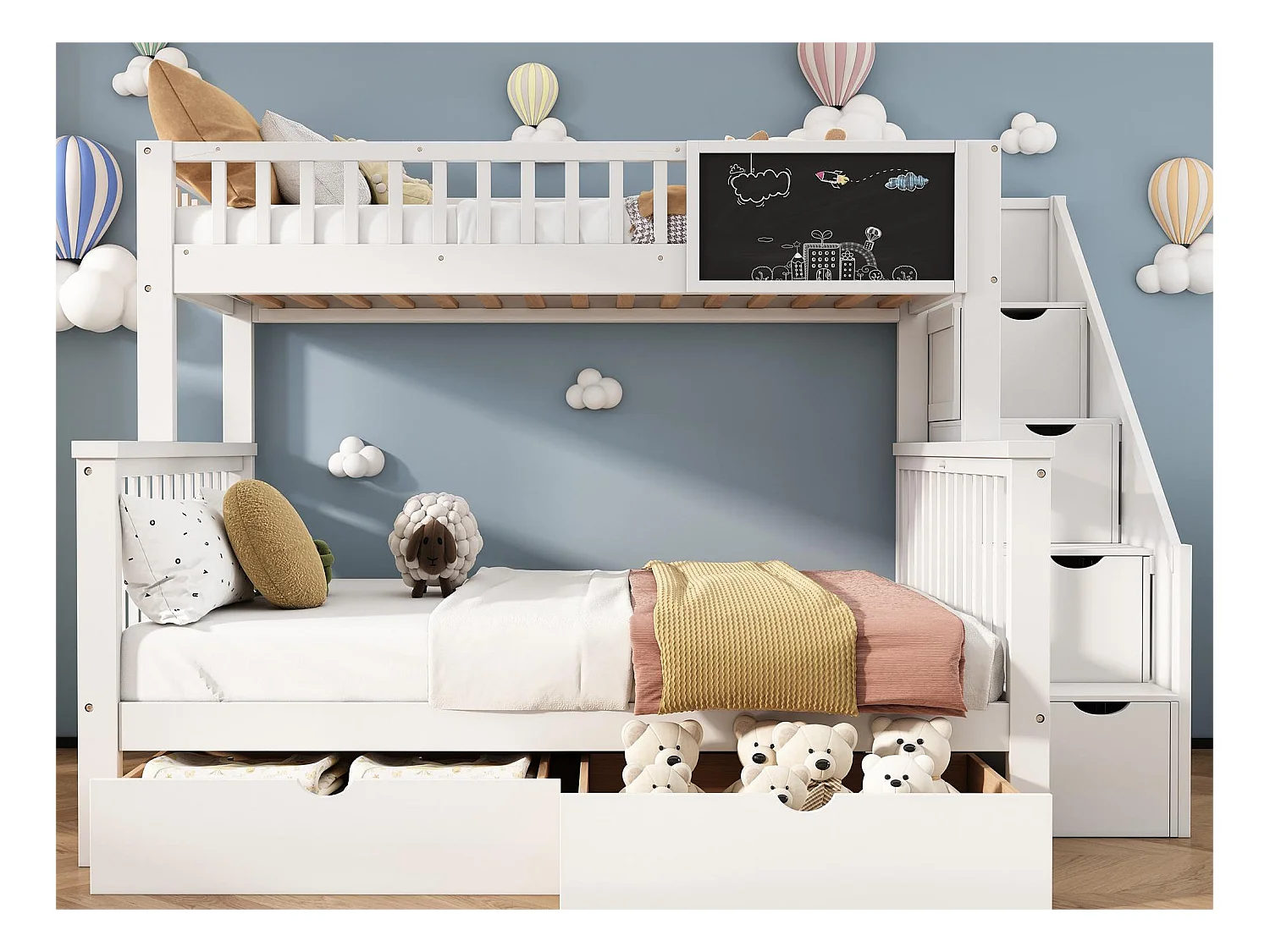 Etagenbett für Kinder – 2 x 90 x 200 cm – 6 Schubladen und Tafel – weiße Farbe