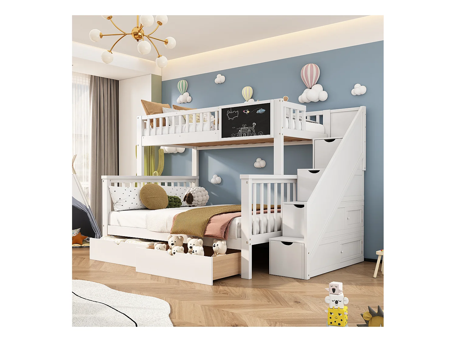 Etagenbett für Kinder – 2 x 90 x 200 cm – 6 Schubladen und Tafel – weiße Farbe