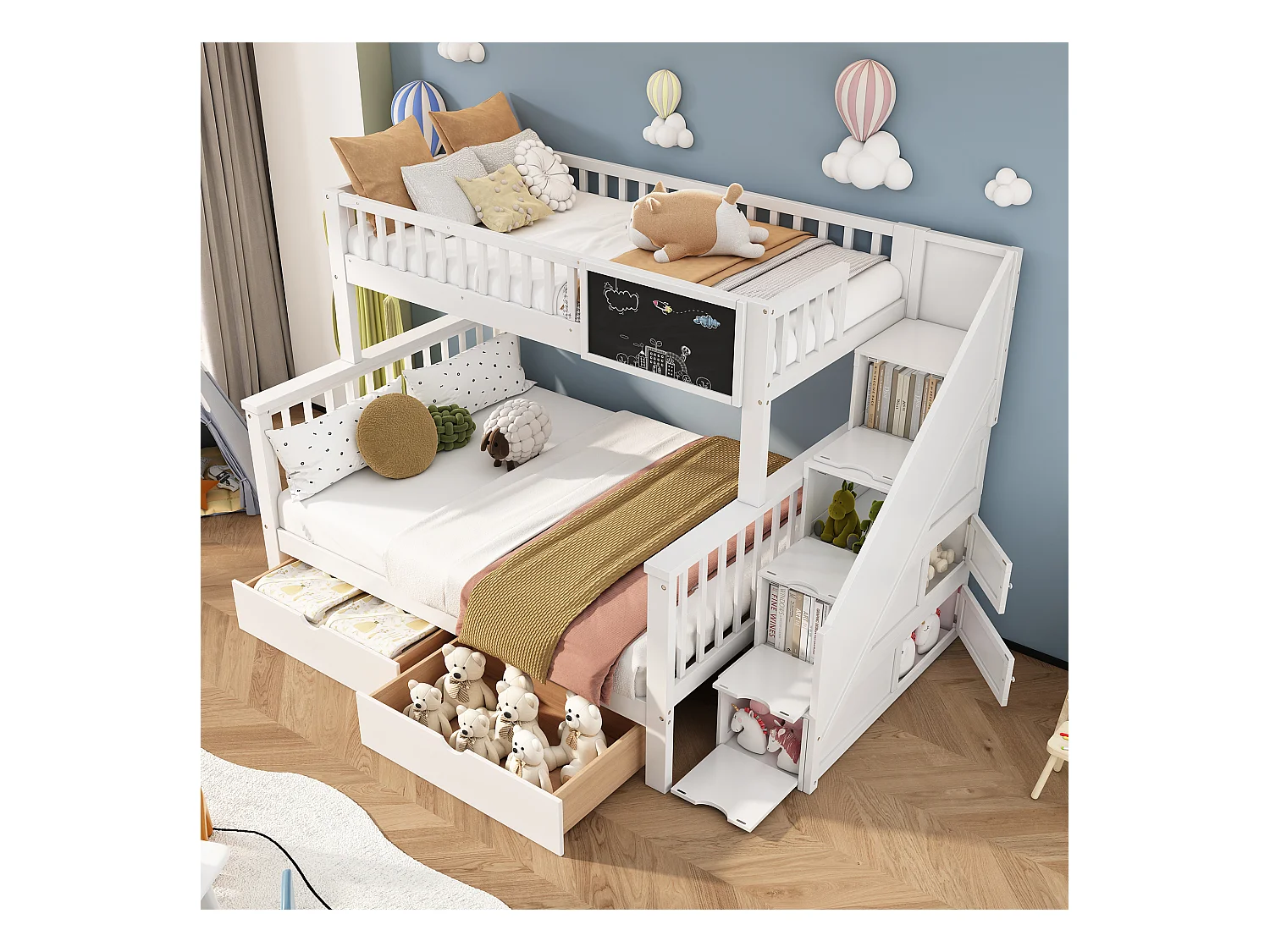 Etagenbett für Kinder – 2 x 90 x 200 cm – 6 Schubladen und Tafel – weiße Farbe