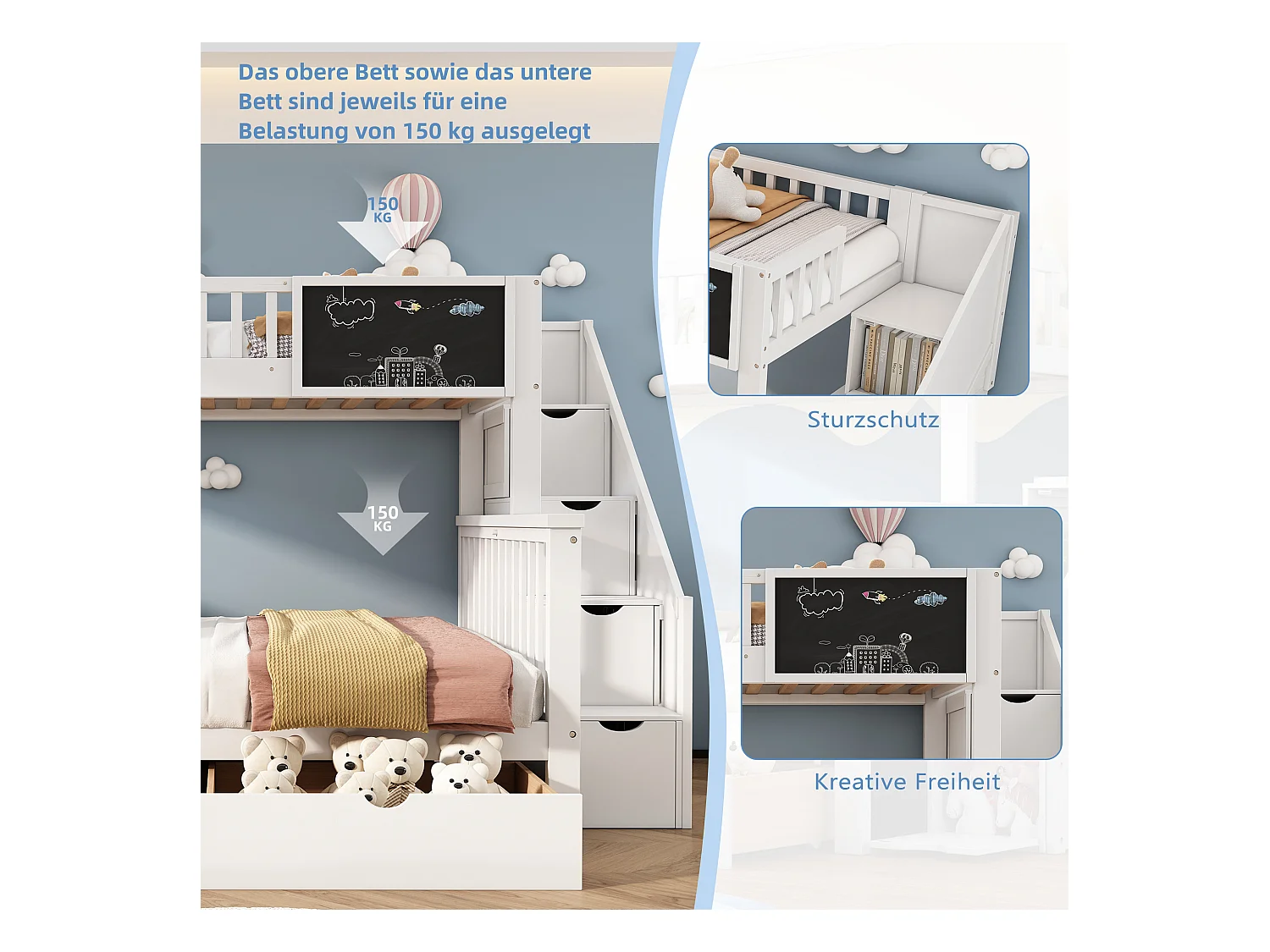 Etagenbett für Kinder – 2 x 90 x 200 cm – 6 Schubladen und Tafel – weiße Farbe
