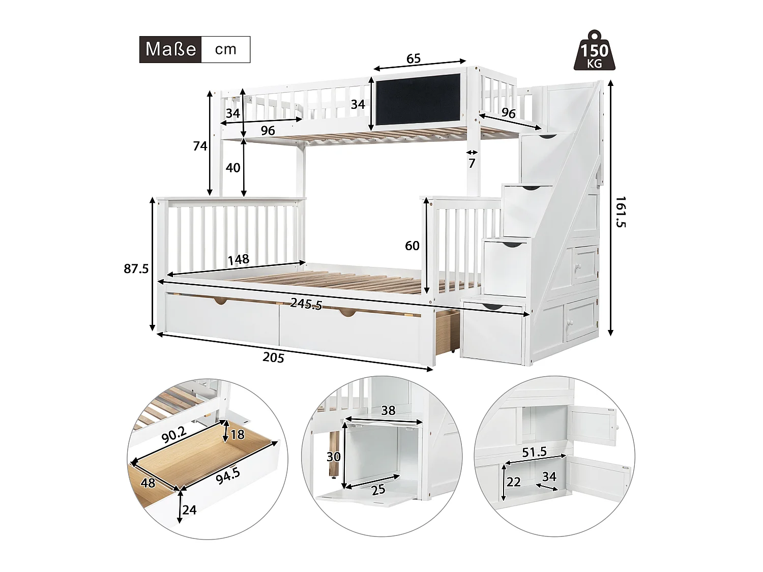 Etagenbett für Kinder – 2 x 90 x 200 cm – 6 Schubladen und Tafel – weiße Farbe