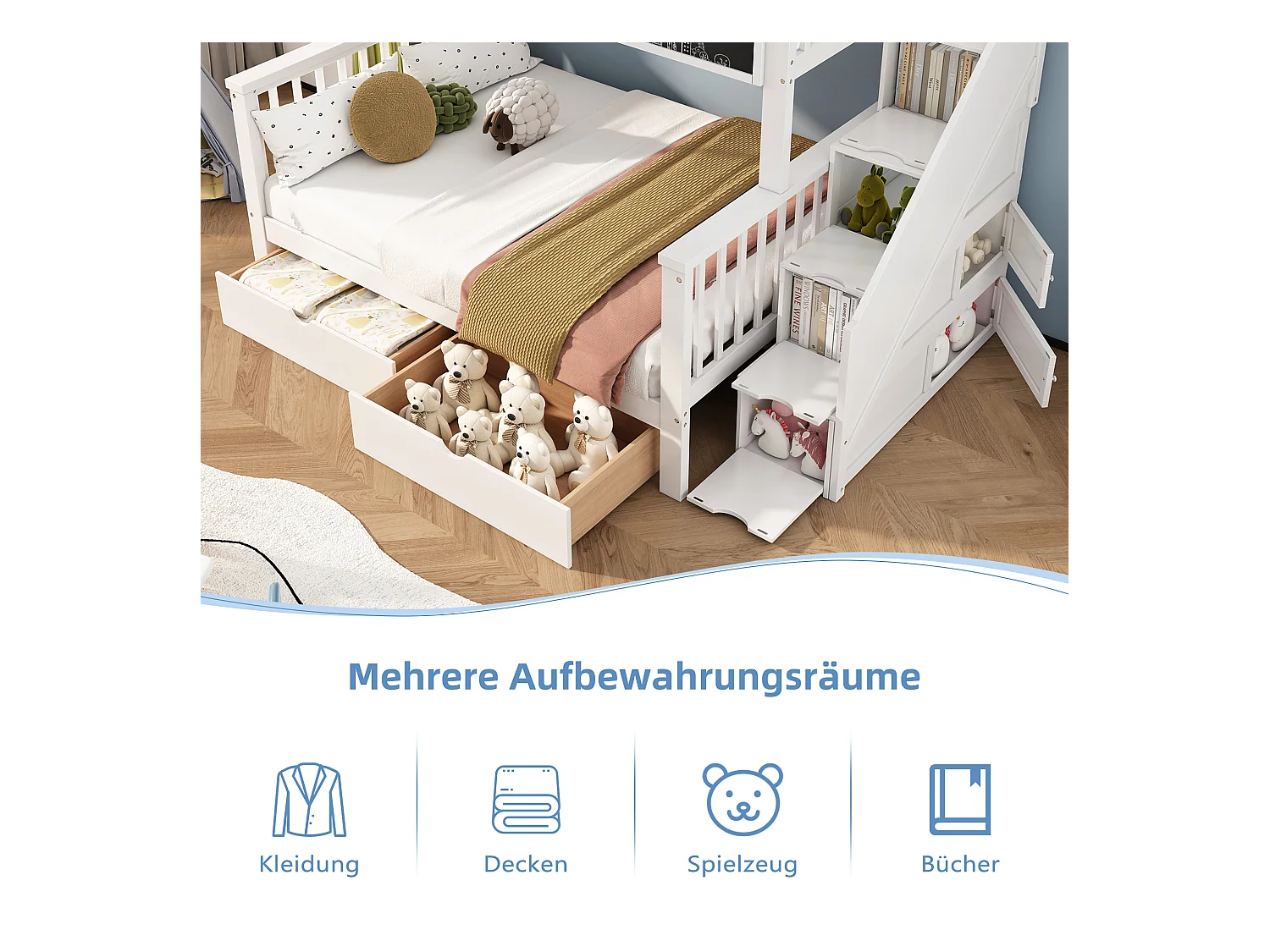 Etagenbett für Kinder – 2 x 90 x 200 cm – 6 Schubladen und Tafel – weiße Farbe