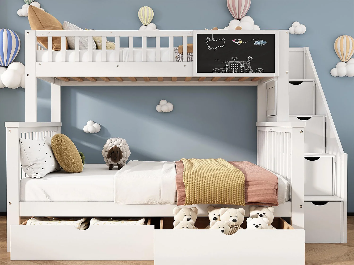 Etagenbett für Kinder – 2 x 90 x 200 cm – 6 Schubladen und Tafel – weiße Farbe