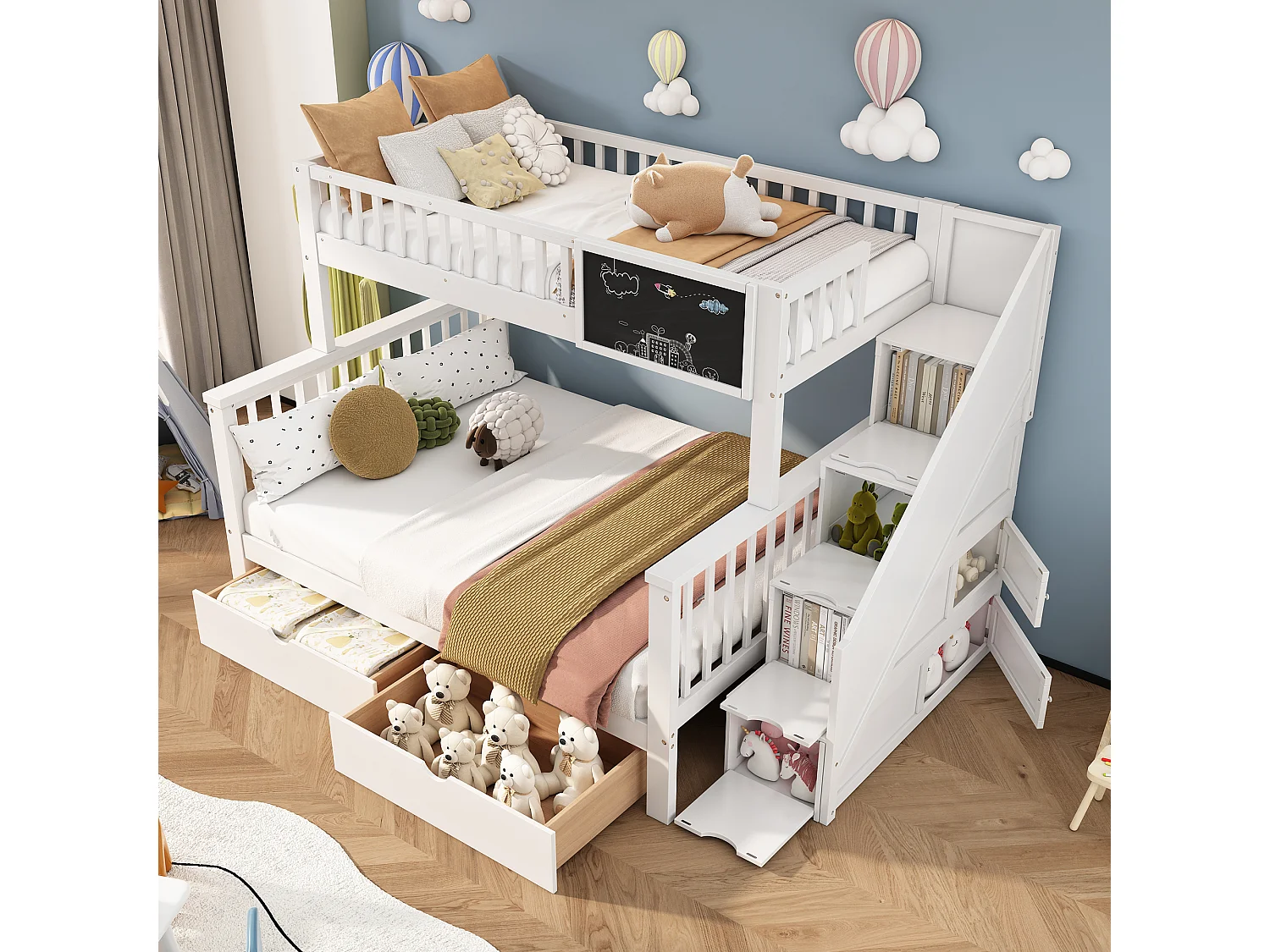 Etagenbett für Kinder – 2 x 90 x 200 cm – 6 Schubladen und Tafel – weiße Farbe