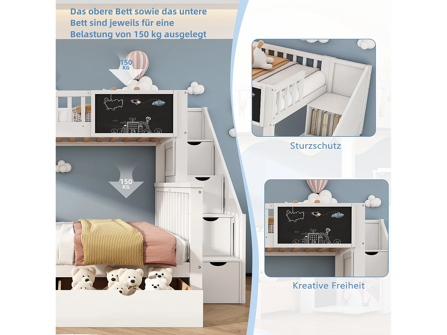 Etagenbett für Kinder – 2 x 90 x 200 cm – 6 Schubladen und Tafel – weiße Farbe