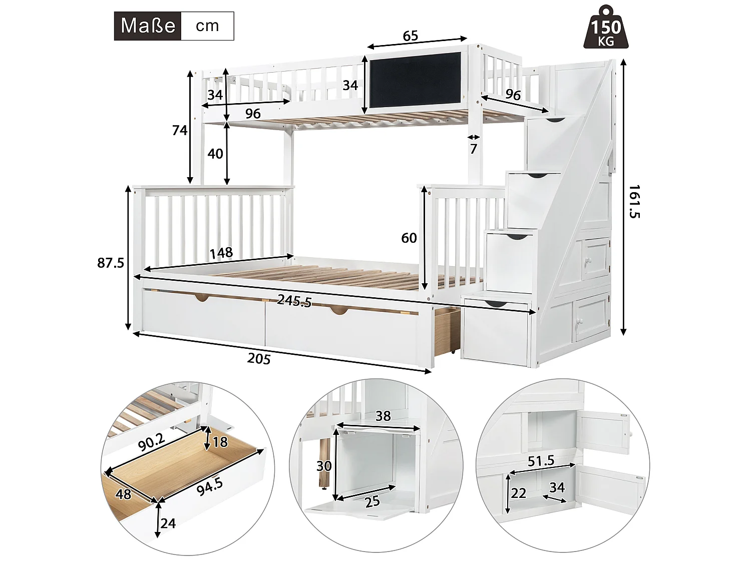 Etagenbett für Kinder – 2 x 90 x 200 cm – 6 Schubladen und Tafel – weiße Farbe
