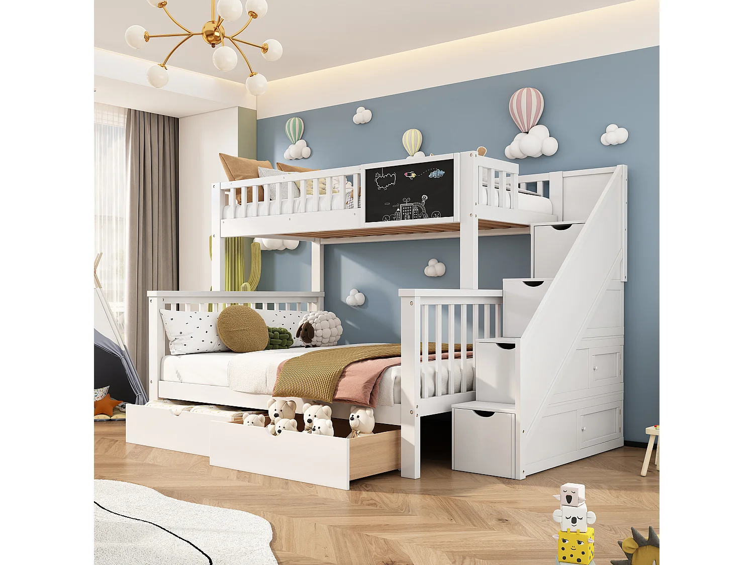 Etagenbett für Kinder – 2 x 90 x 200 cm – 6 Schubladen und Tafel – weiße Farbe