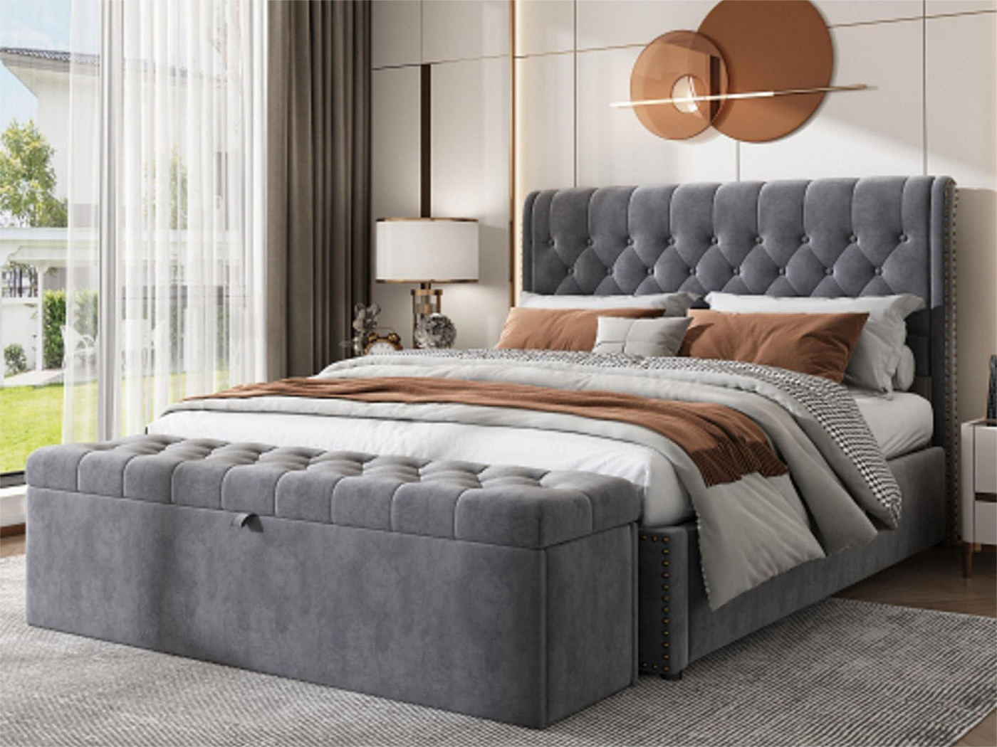 Letto contenitore con panca - 140 x 200 cm - velluto - rete a doghe ...