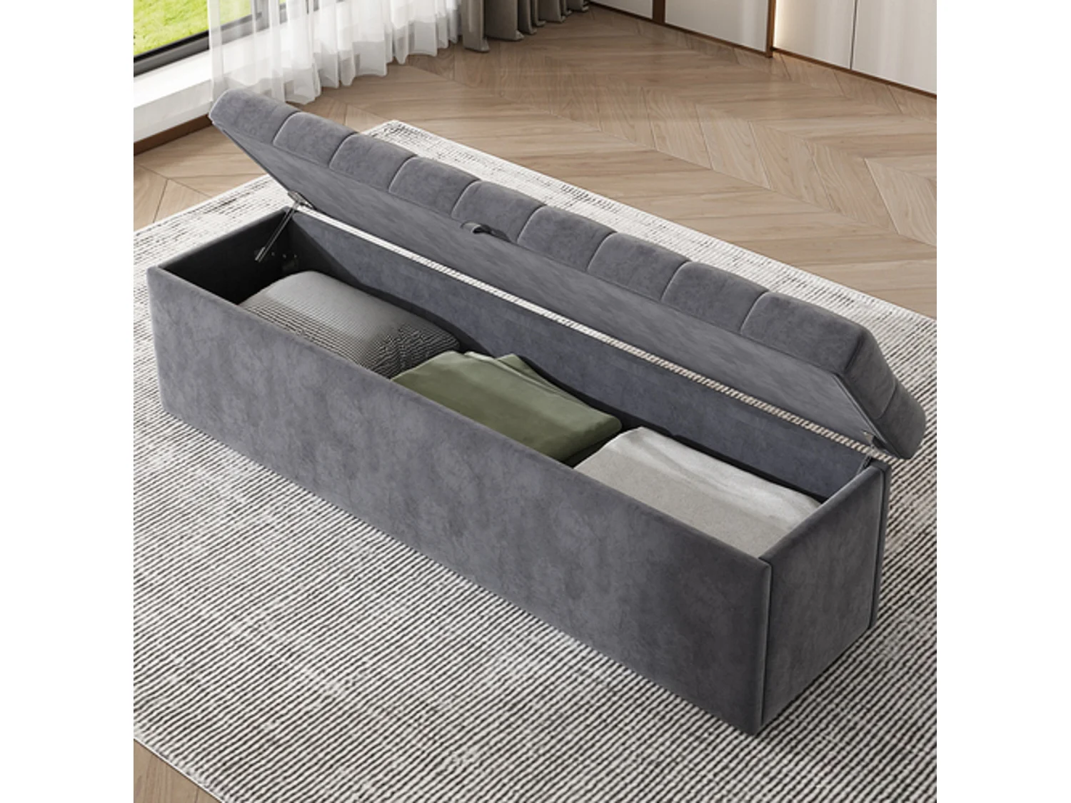 Cama contenedor con banco - 140 x 200 cm - terciopelo - somier de láminas - gris