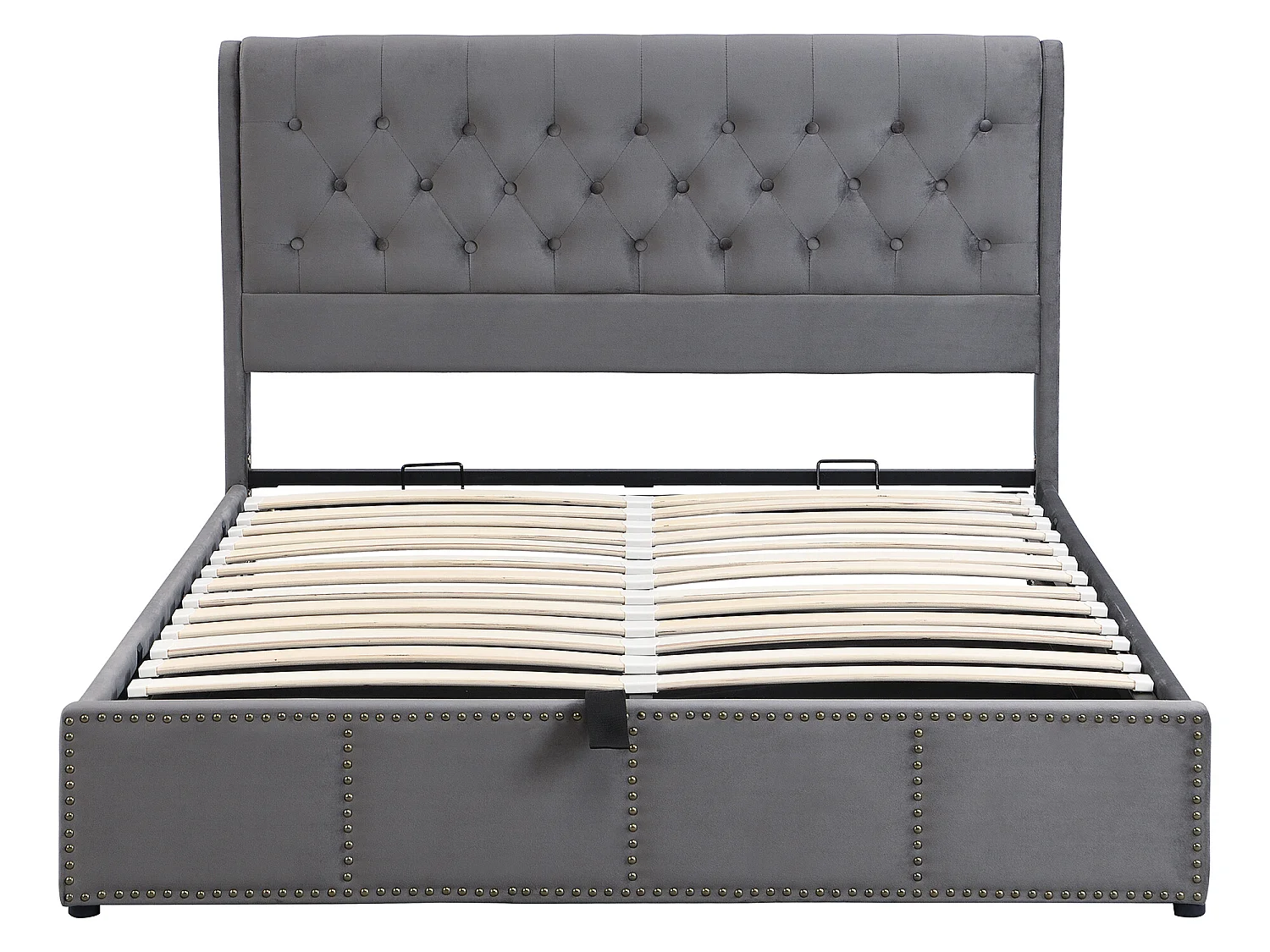 Cama contenedor con banco - 140 x 200 cm - terciopelo - somier de láminas - gris